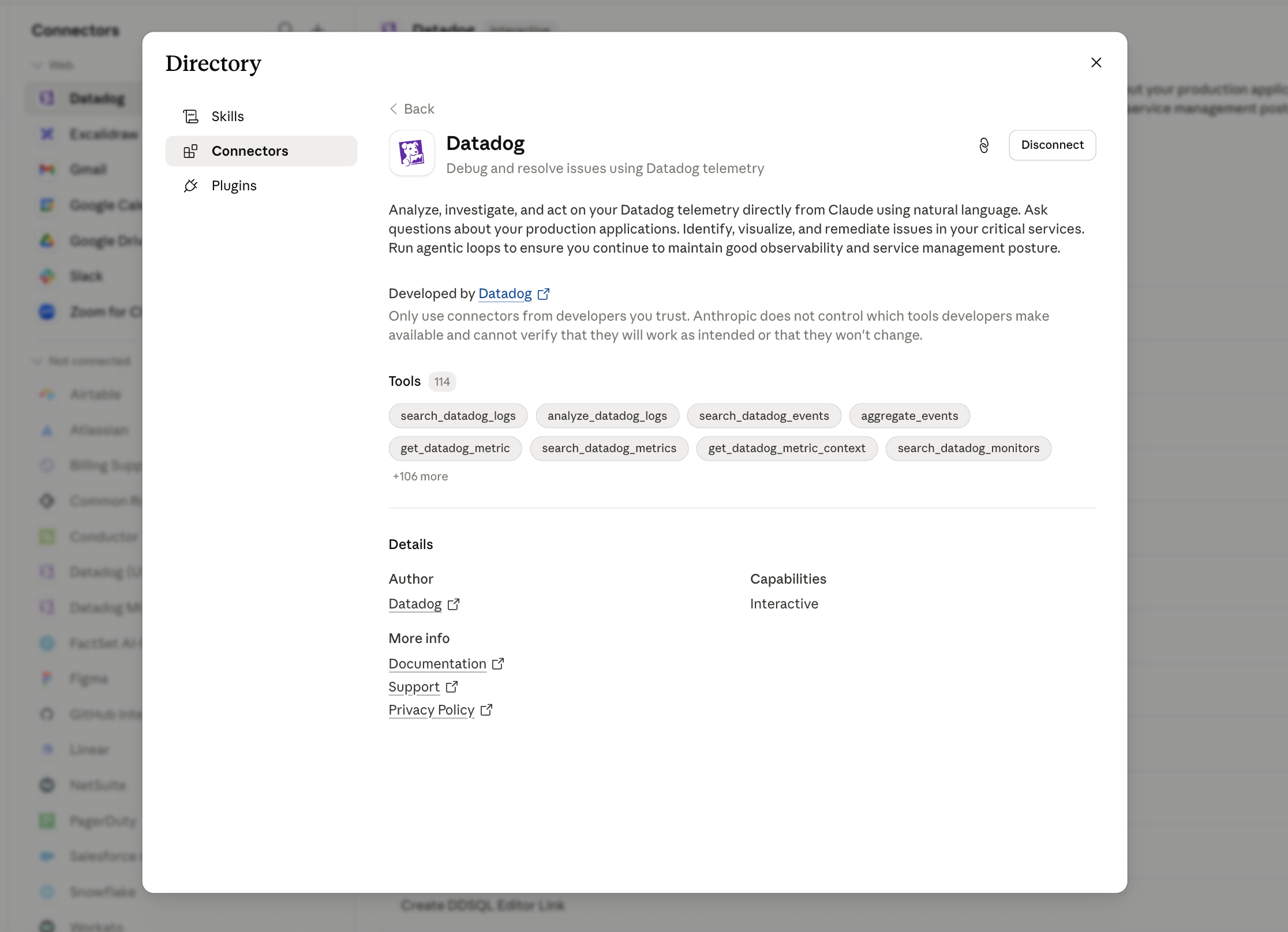 A view showing the Datadog connection directory for any AI agent.