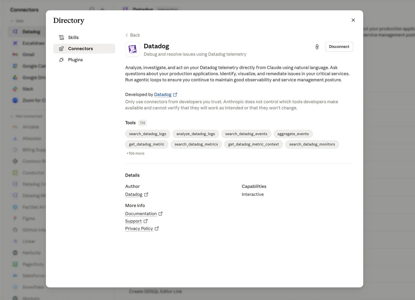 A view showing the Datadog connection directory for any AI agent. A view showing the Datadog connection directory for any AI agent.