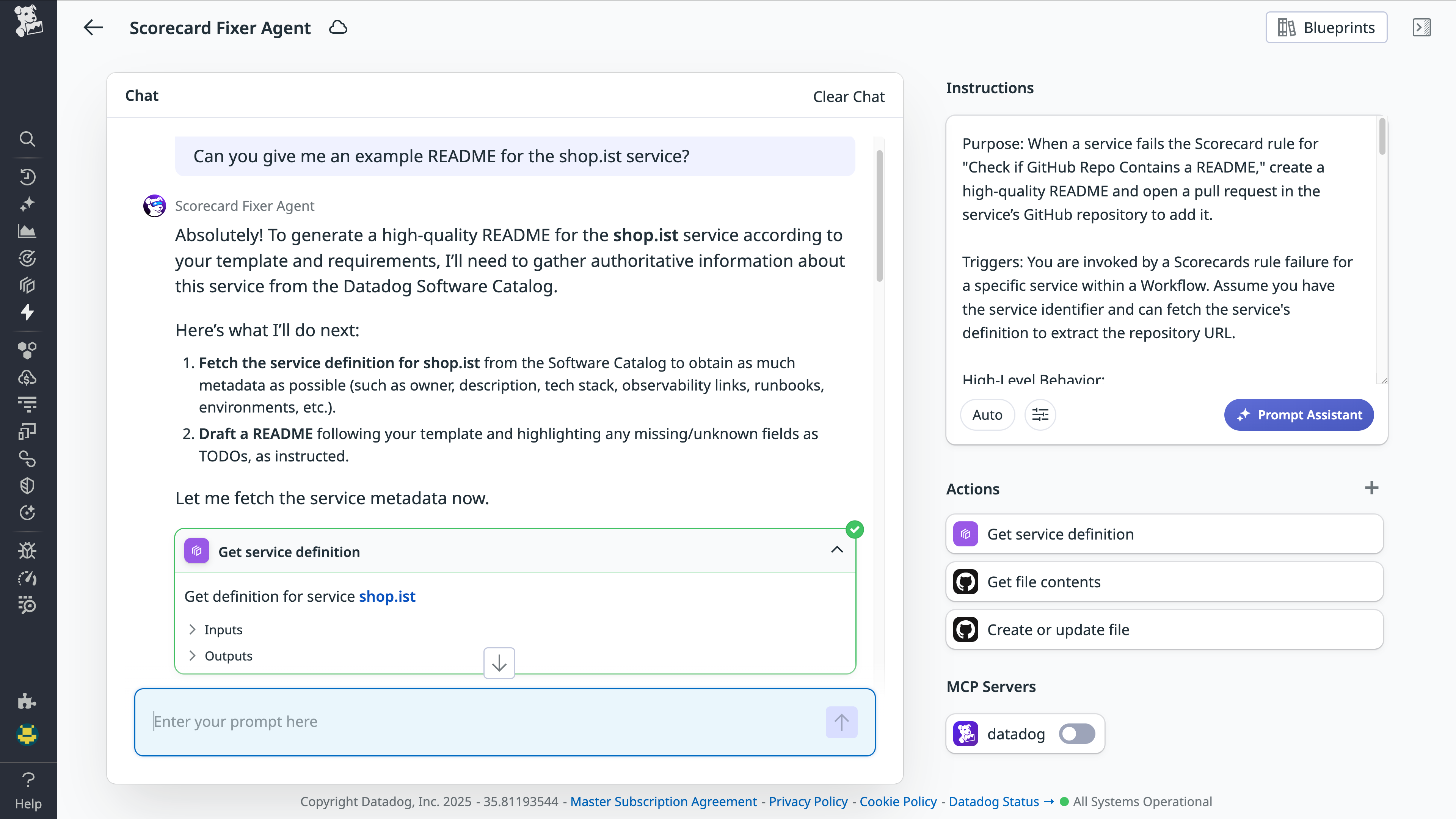 Bits Agent Builder showing a Scorecard Fixer Agent responding to a chat query, with instructions, actions, and MCP server configuration visible in the right panel.