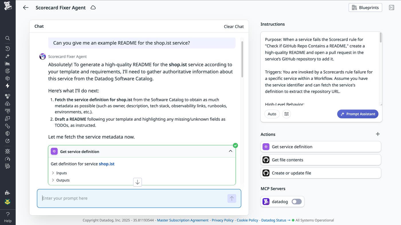 Bits Agent Builder showing a Scorecard Fixer Agent responding to a chat query, with instructions, actions, and MCP server configuration visible in the right panel. Bits Agent Builder showing a Scorecard Fixer Agent responding to a chat query, with instructions, actions, and MCP server configuration visible in the right panel.