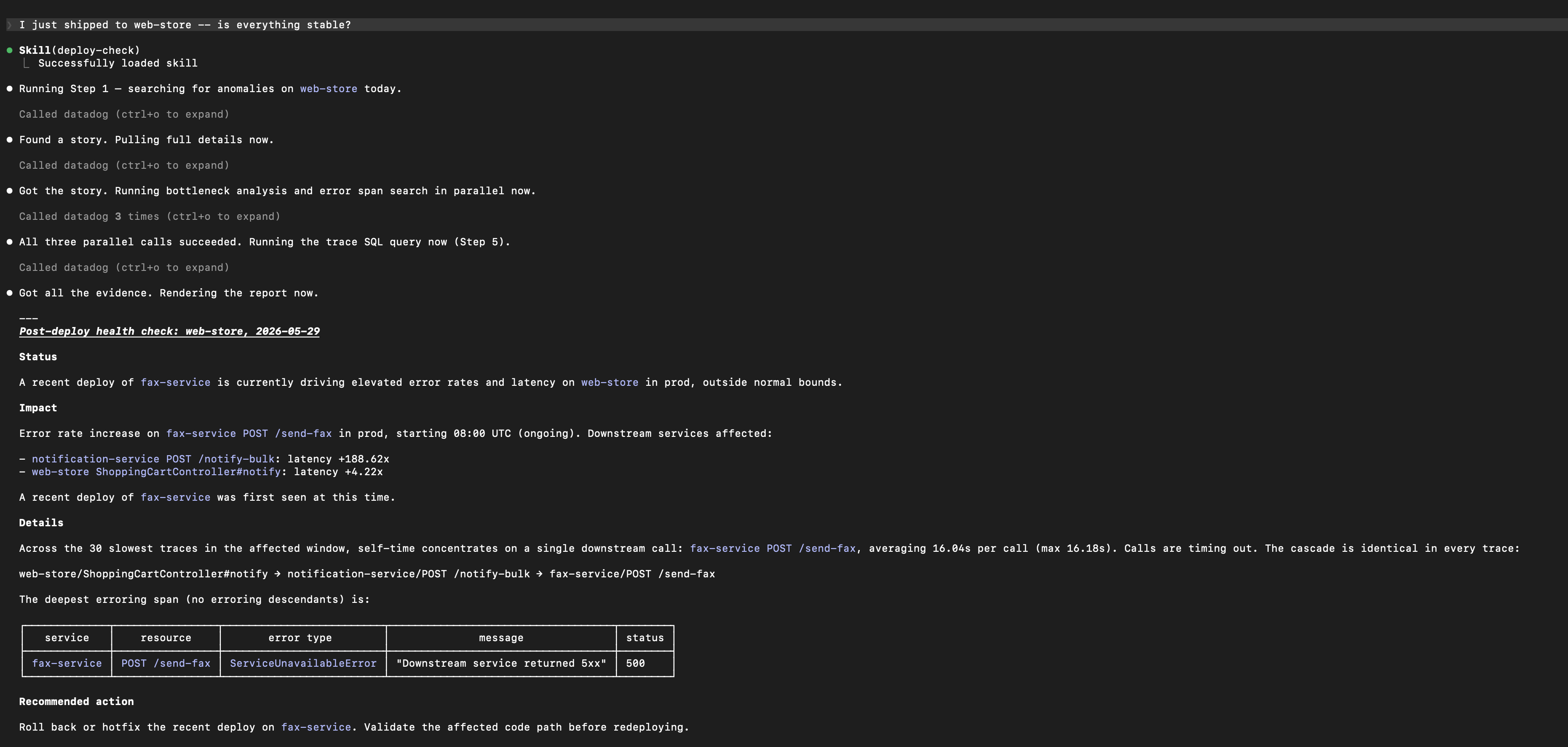 A code-level view showing the Datadog MCP layer providing deeper APM context.