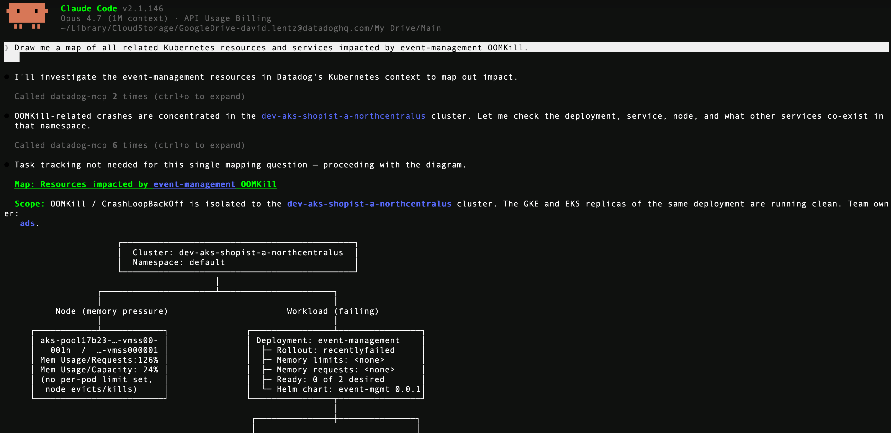 A code-level view showing MCP-compatible AI agents querying resources across your entire cluster fleet in a single call, with results enriched by Datadog metadata.