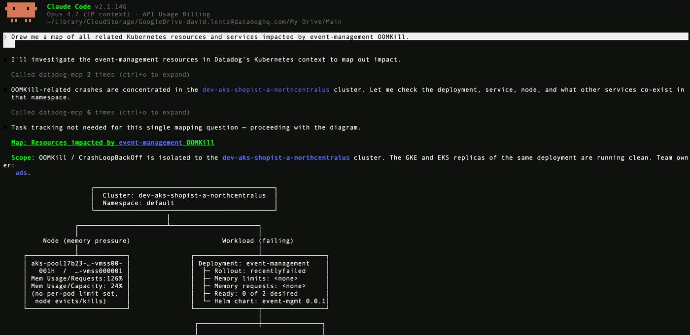 A code-level view showing MCP-compatible AI agents querying resources across your entire cluster fleet in a single call, with results enriched by Datadog metadata. A code-level view showing MCP-compatible AI agents querying resources across your entire cluster fleet in a single call, with results enriched by Datadog metadata.
