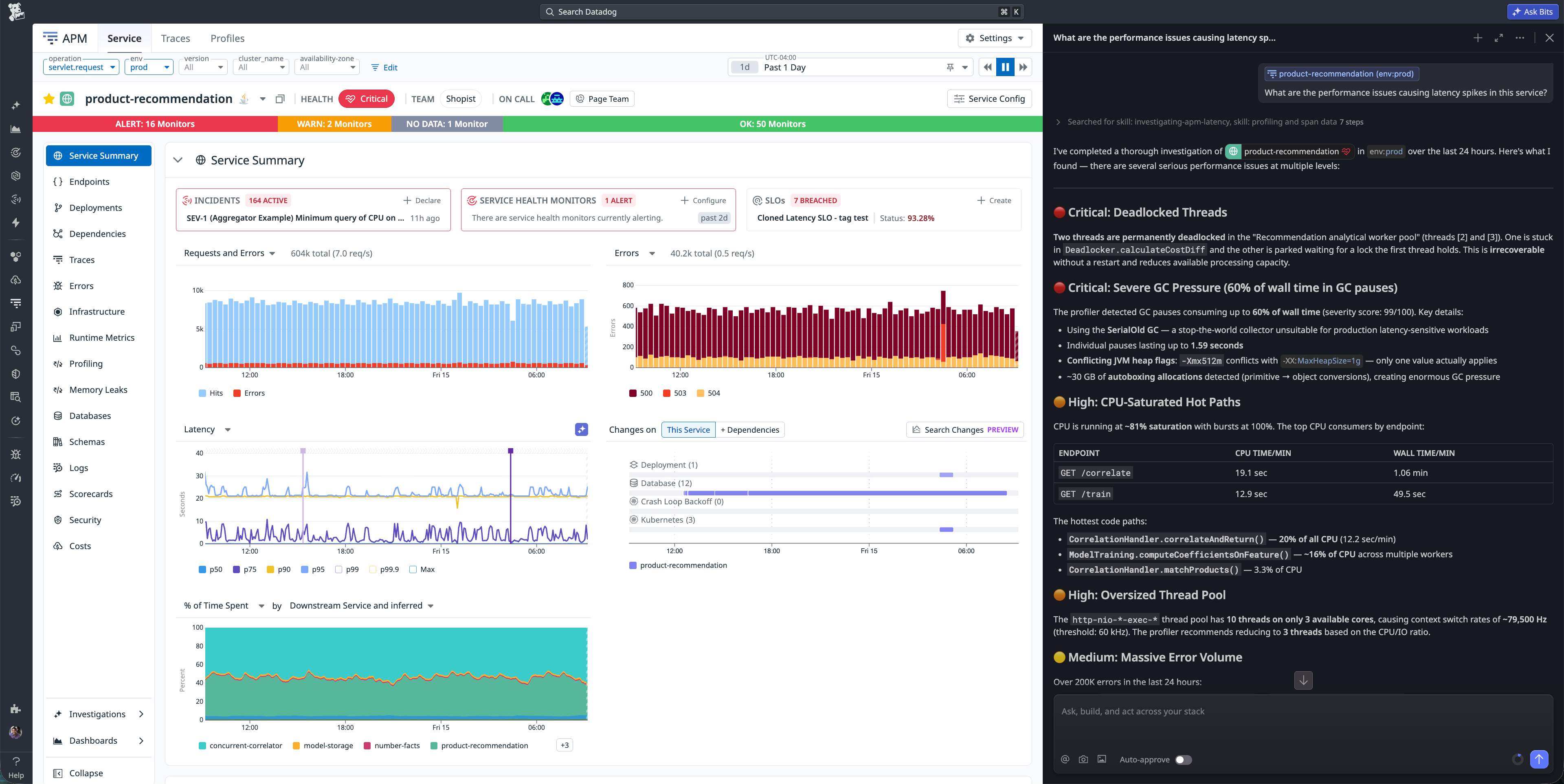 Datadog APM Service Summary for product-recommendation service, with Bits AI panel on the right summarizing performance issues from profiling data.