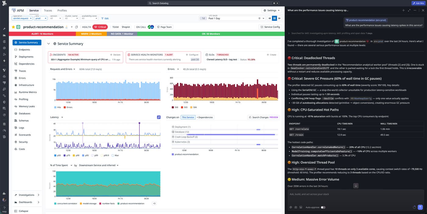 Datadog APM Service Summary for product-recommendation service, with Bits AI panel on the right summarizing performance issues from profiling data. Datadog APM Service Summary for product-recommendation service, with Bits AI panel on the right summarizing performance issues from profiling data.