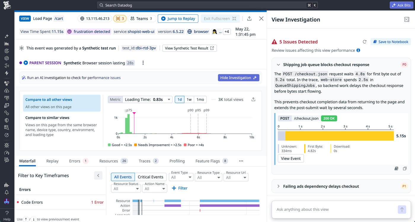 Categorized AI investigation findings for a single user session, with the highest priority issue displayed. Categorized AI investigation findings for a single user session, with the highest priority issue displayed.