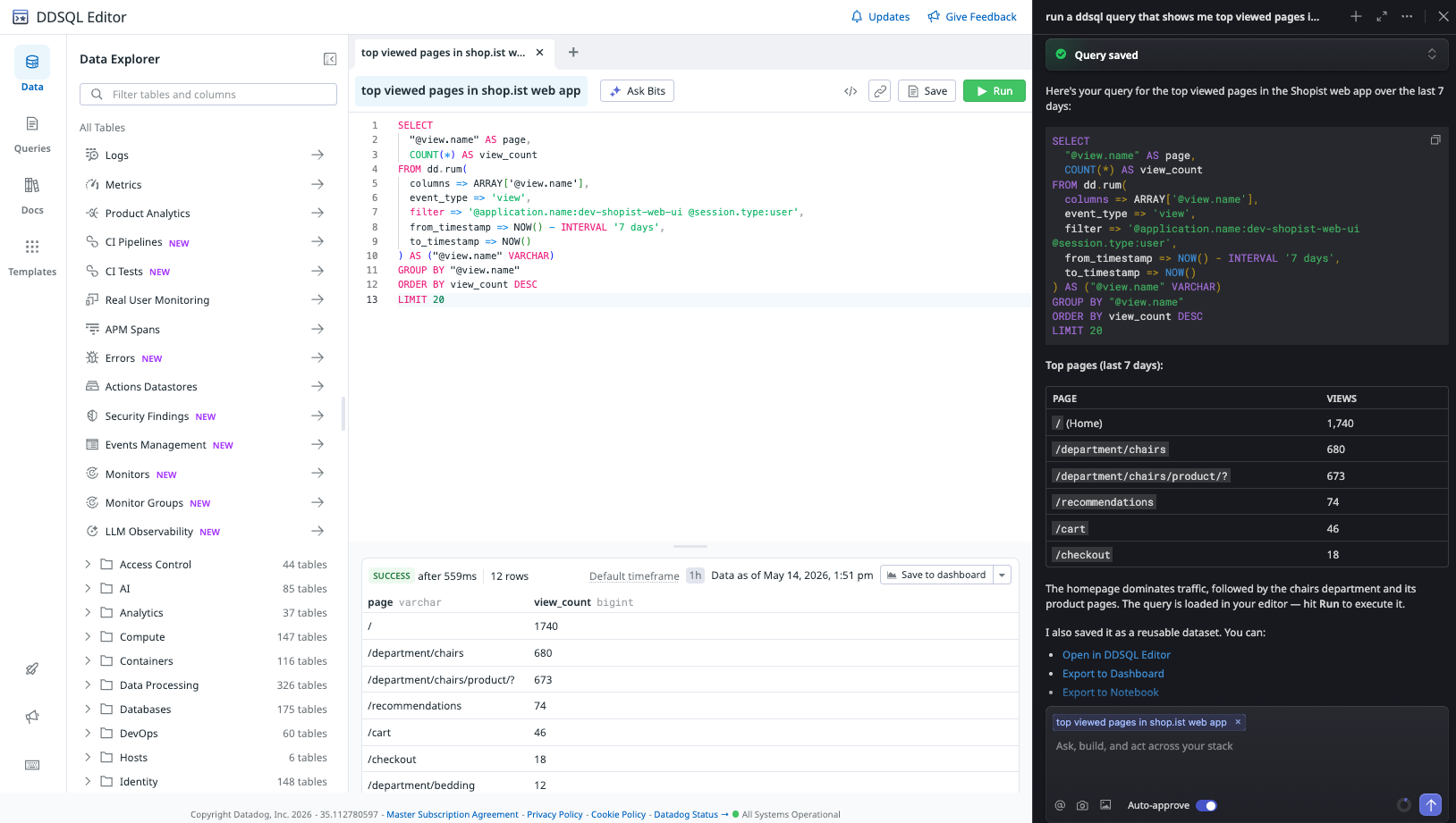 DDSQL Editor alongside Bits Assistant conversation, showing user’s natural-language conversation with Bits AI to write sophisticated queries.