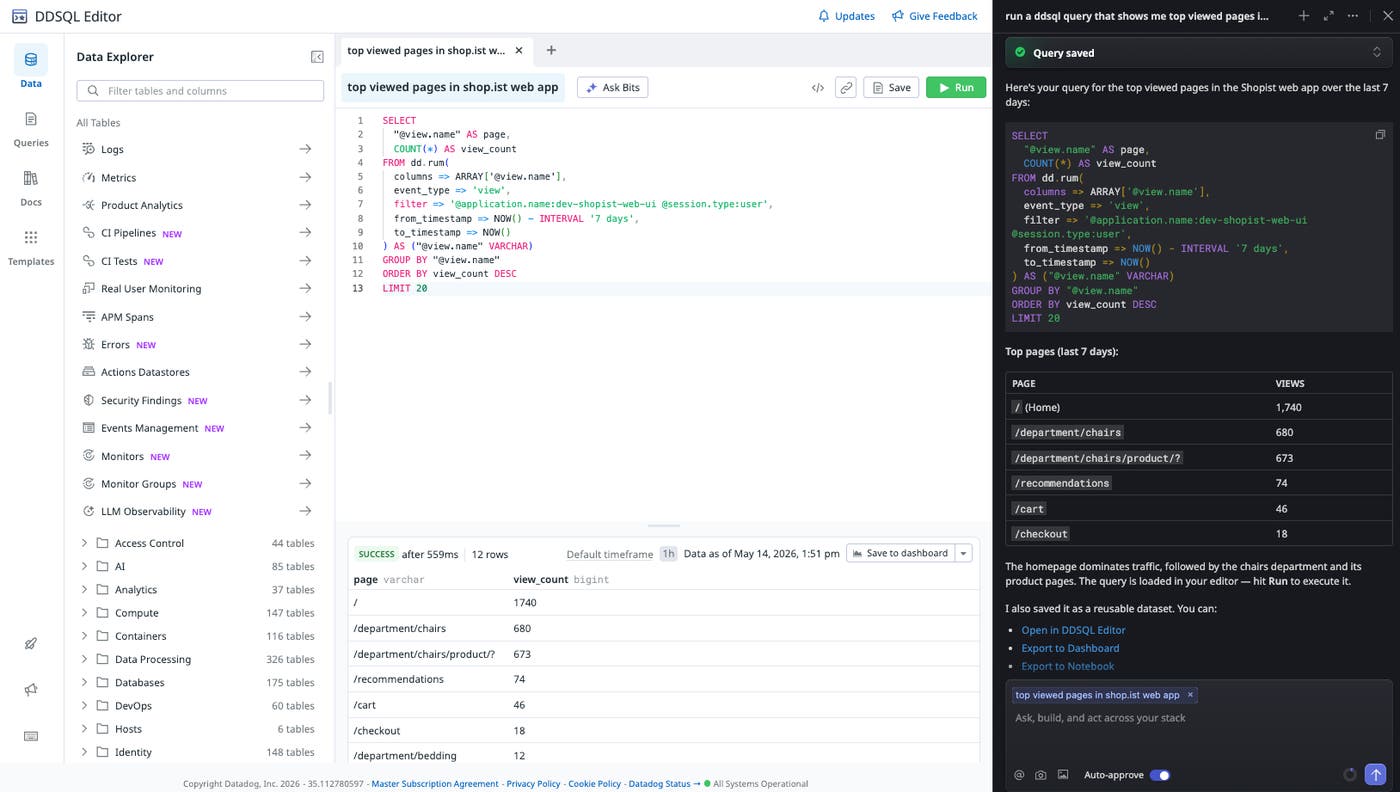 DDSQL Editor alongside Bits Assistant conversation, showing user’s natural-language conversation with Bits AI to write sophisticated queries. DDSQL Editor alongside Bits Assistant conversation, showing user’s natural-language conversation with Bits AI to write sophisticated queries.