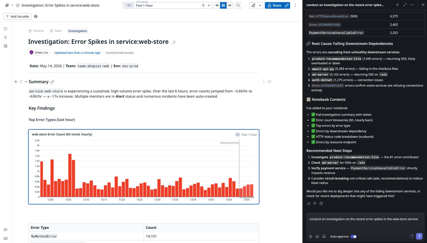 Datadog Notebook alongside Bits Chat conversation, showing how a user created this Notebook using natural-language prompts. Datadog Notebook alongside Bits Chat conversation, showing how a user created this Notebook using natural-language prompts.