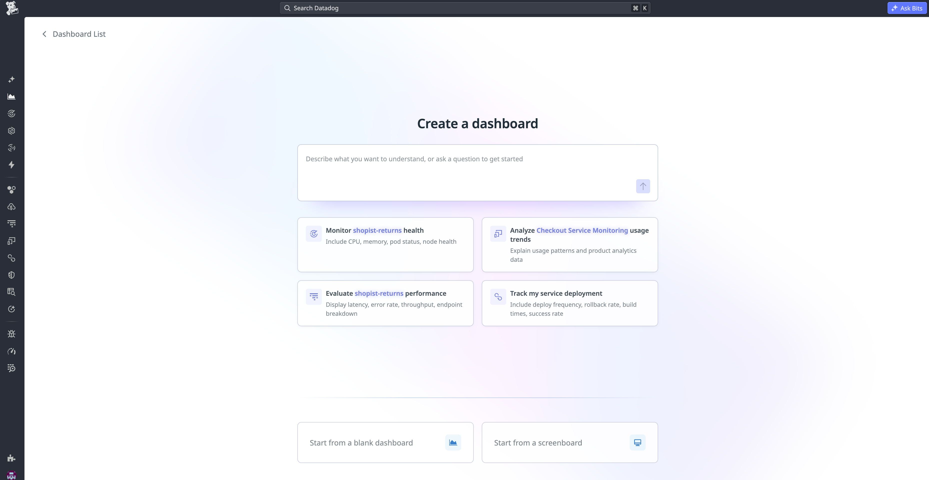 “Create a dashboard” page in Datadog that enables the user to input a natural-language prompt to build a dashboard with Bits AI, or use a preconfigured template.