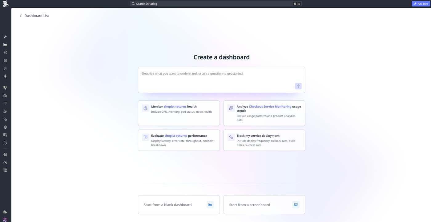 “Create a dashboard” page in Datadog that enables the user to input a natural-language prompt to build a dashboard with Bits AI, or use a preconfigured template. “Create a dashboard” page in Datadog that enables the user to input a natural-language prompt to build a dashboard with Bits AI, or use a preconfigured template.