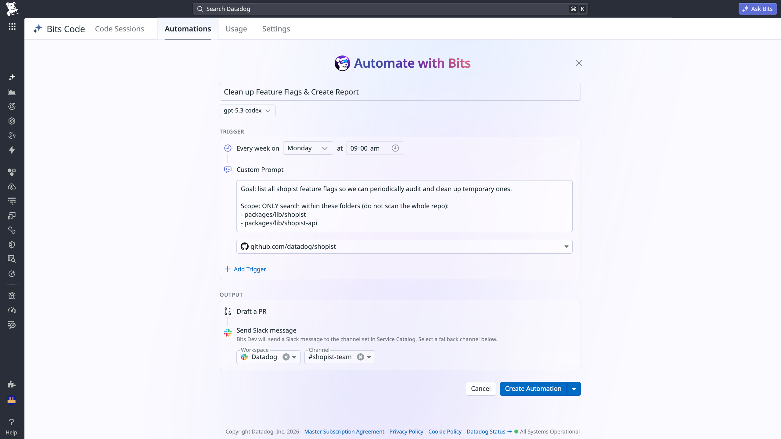 Bits Code assistant view showing scheduled and triggered remediation runs with PR outcomes.