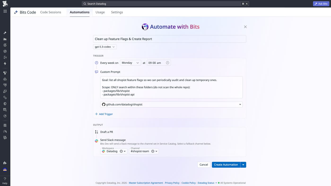 Bits Code assistant view showing scheduled and triggered remediation runs with PR outcomes. Bits Code assistant view showing scheduled and triggered remediation runs with PR outcomes.