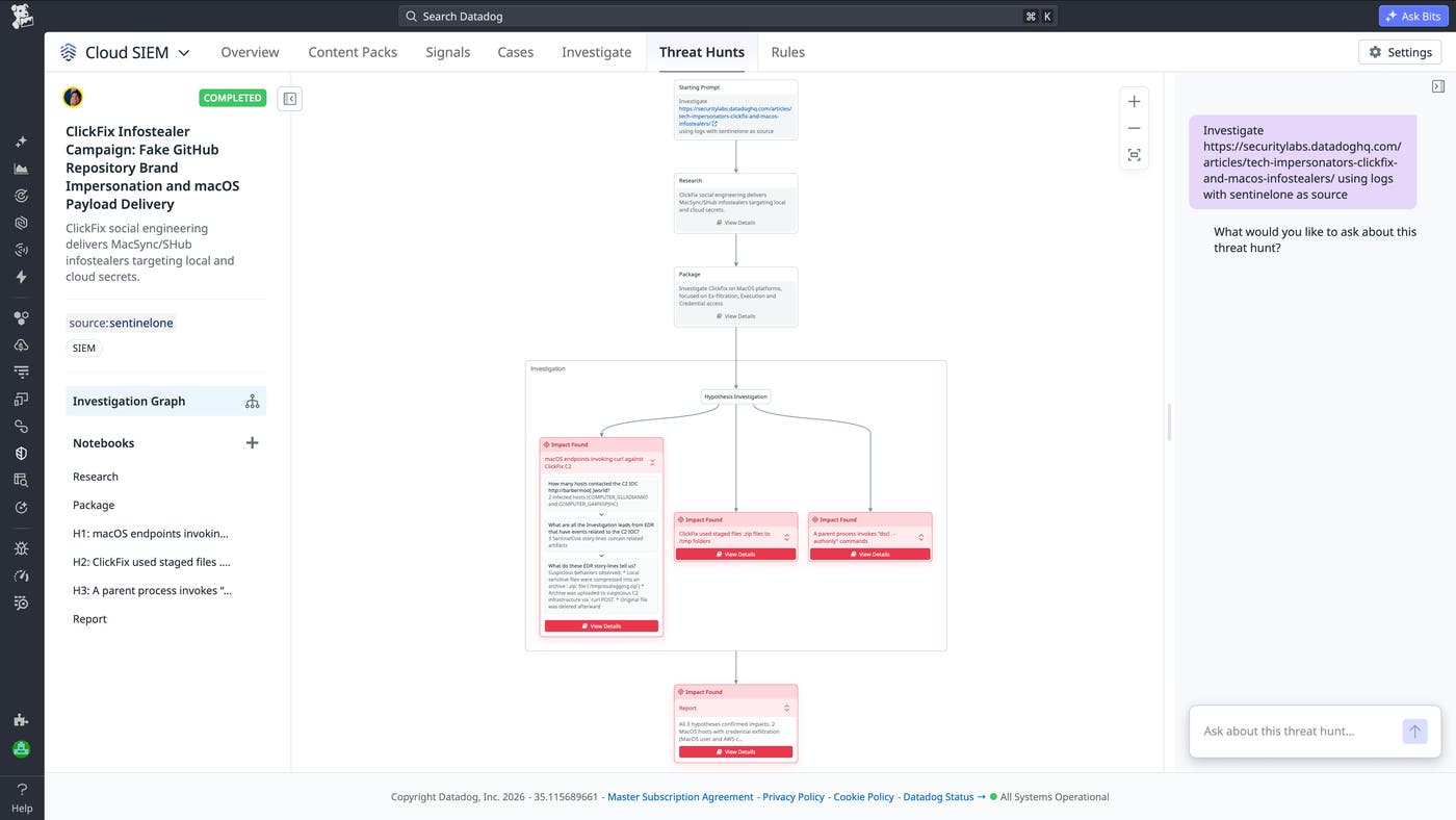 Bits AI Threat Hunter displaying a completed hypothesis-driven investigation into a ClickFix Infostealer campaign, with branching hypotheses and findings surfaced across the investigation graph. Bits AI Threat Hunter displaying a completed hypothesis-driven investigation into a ClickFix Infostealer campaign, with branching hypotheses and findings surfaced across the investigation graph.