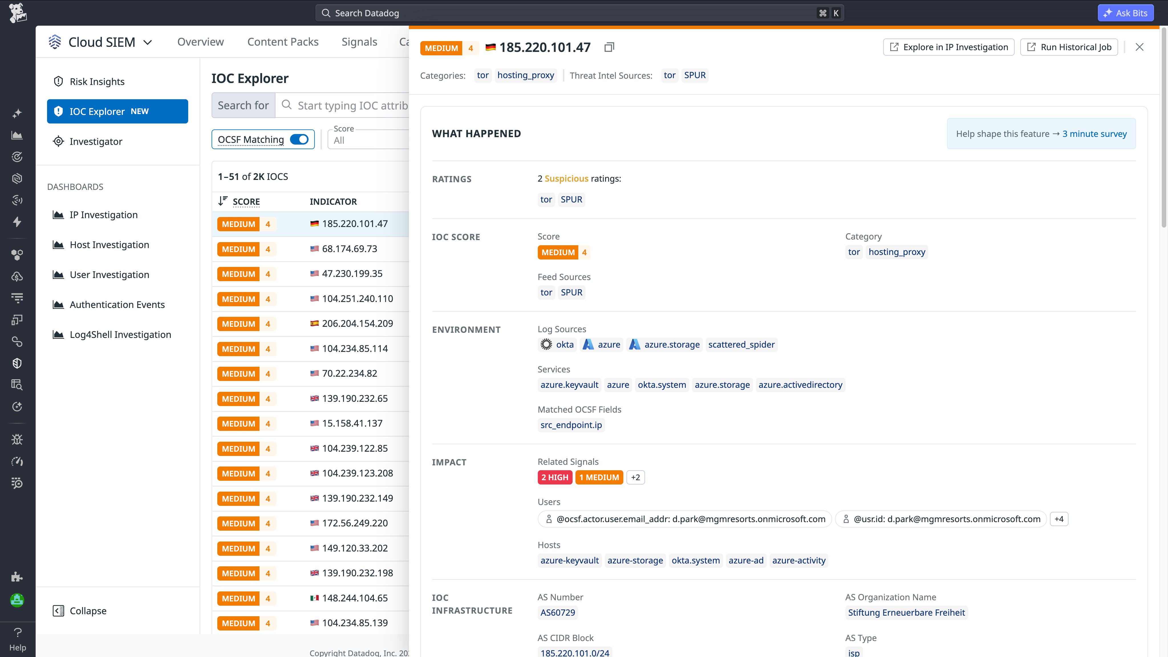IOC Explorer detail view showing IOC score, threat feed source, matched cloud services, and related signals for a flagged IP address.
