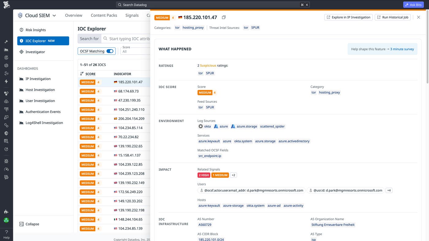 IOC Explorer detail view showing IOC score, threat feed source, matched cloud services, and related signals for a flagged IP address. IOC Explorer detail view showing IOC score, threat feed source, matched cloud services, and related signals for a flagged IP address.