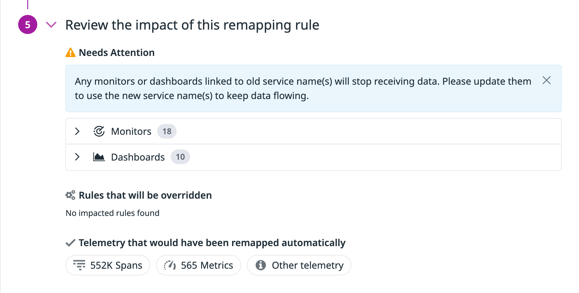 Datadog Service Remapping impact preview showing the monitors and dashboards that reference an affected service name before a rule takes effect.