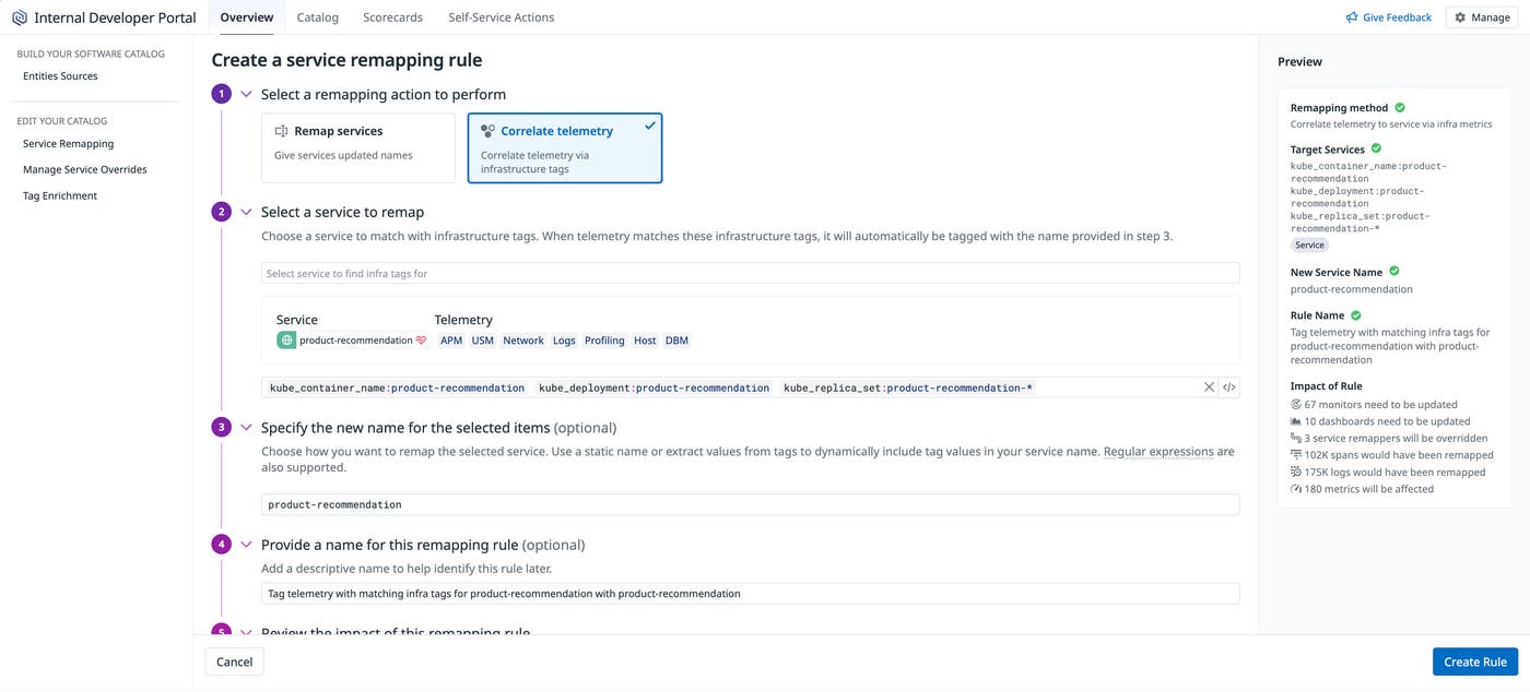 Using Service Remapping to correlate telemetry across products by matching a service’s existing infrastructure tags. Using Service Remapping to correlate telemetry across products by matching a service’s existing infrastructure tags.