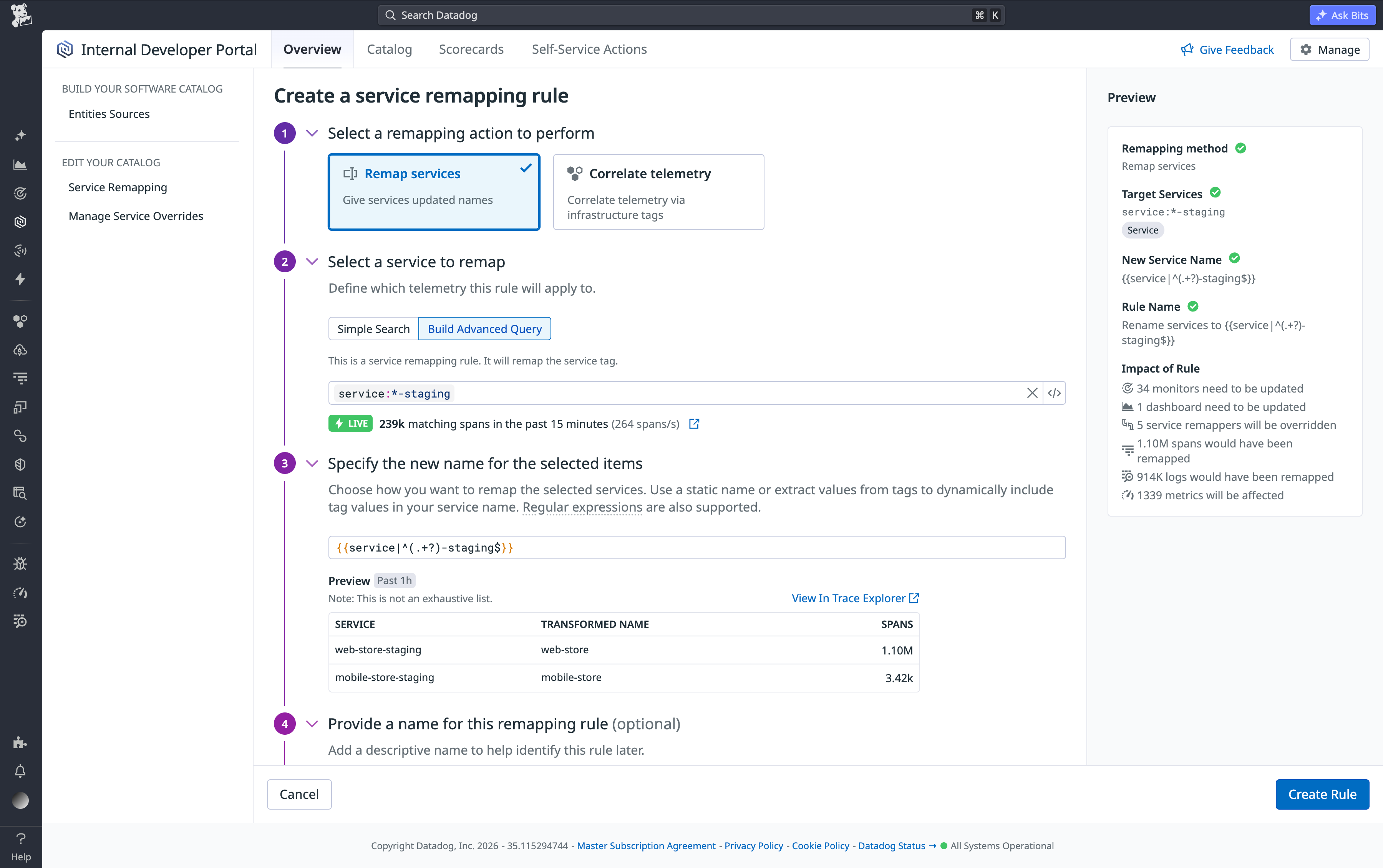 Creating a rule that renames services using a regex capture group, with a live preview of the resulting service-name transformations.