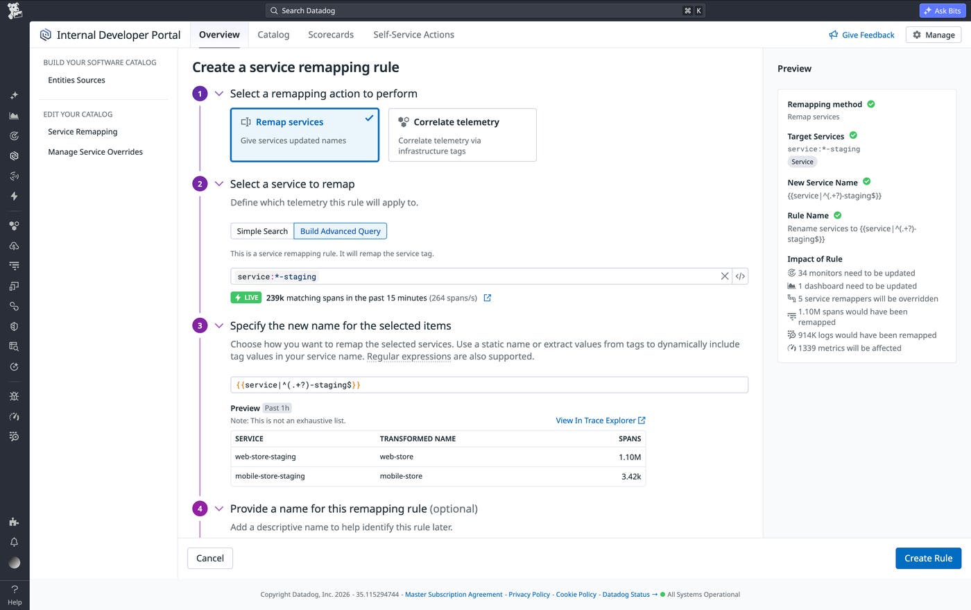Creating a rule that renames services using a regex capture group, with a live preview of the resulting service-name transformations. Creating a rule that renames services using a regex capture group, with a live preview of the resulting service-name transformations.
