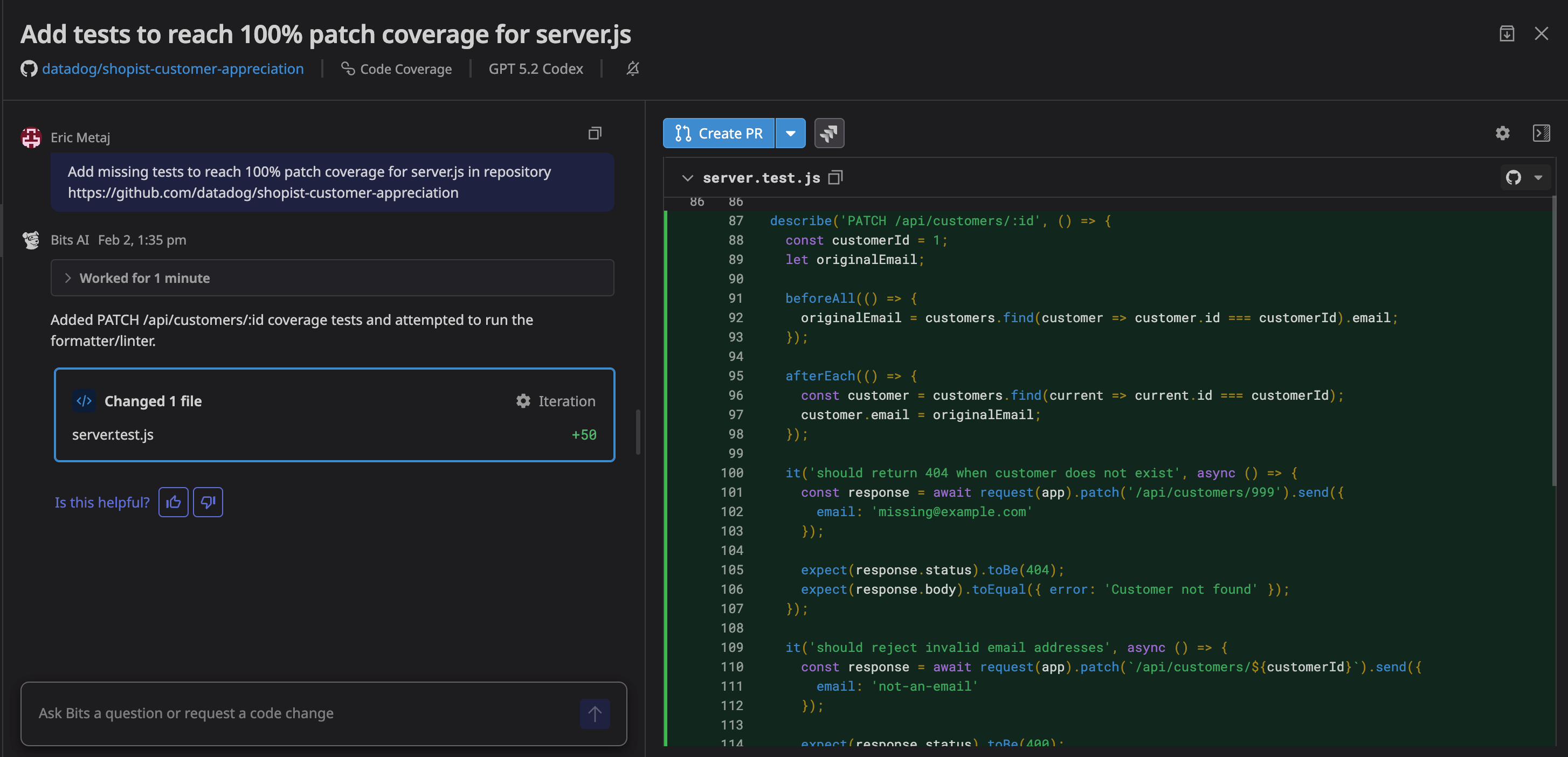 A Bits Code view showing the generation of a PR to add tests for a specific application.