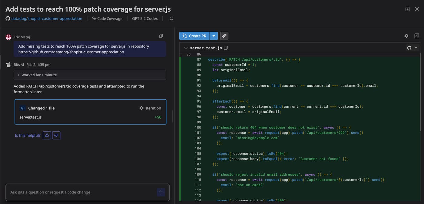 A Bits Code view showing the generation of a PR to add tests for a specific application. A Bits Code view showing the generation of a PR to add tests for a specific application.