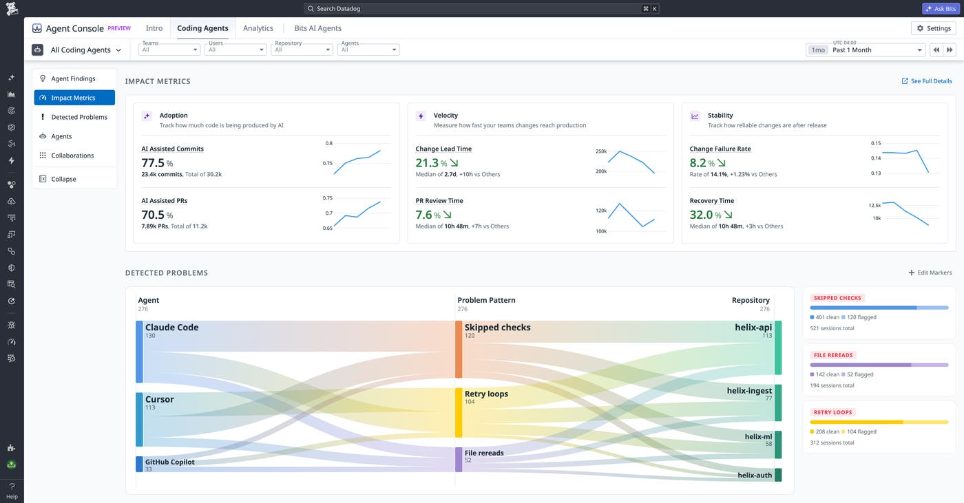 A unified view showing activity across an org’s entire coding agent fleet. A unified view showing activity across an org’s entire coding agent fleet.