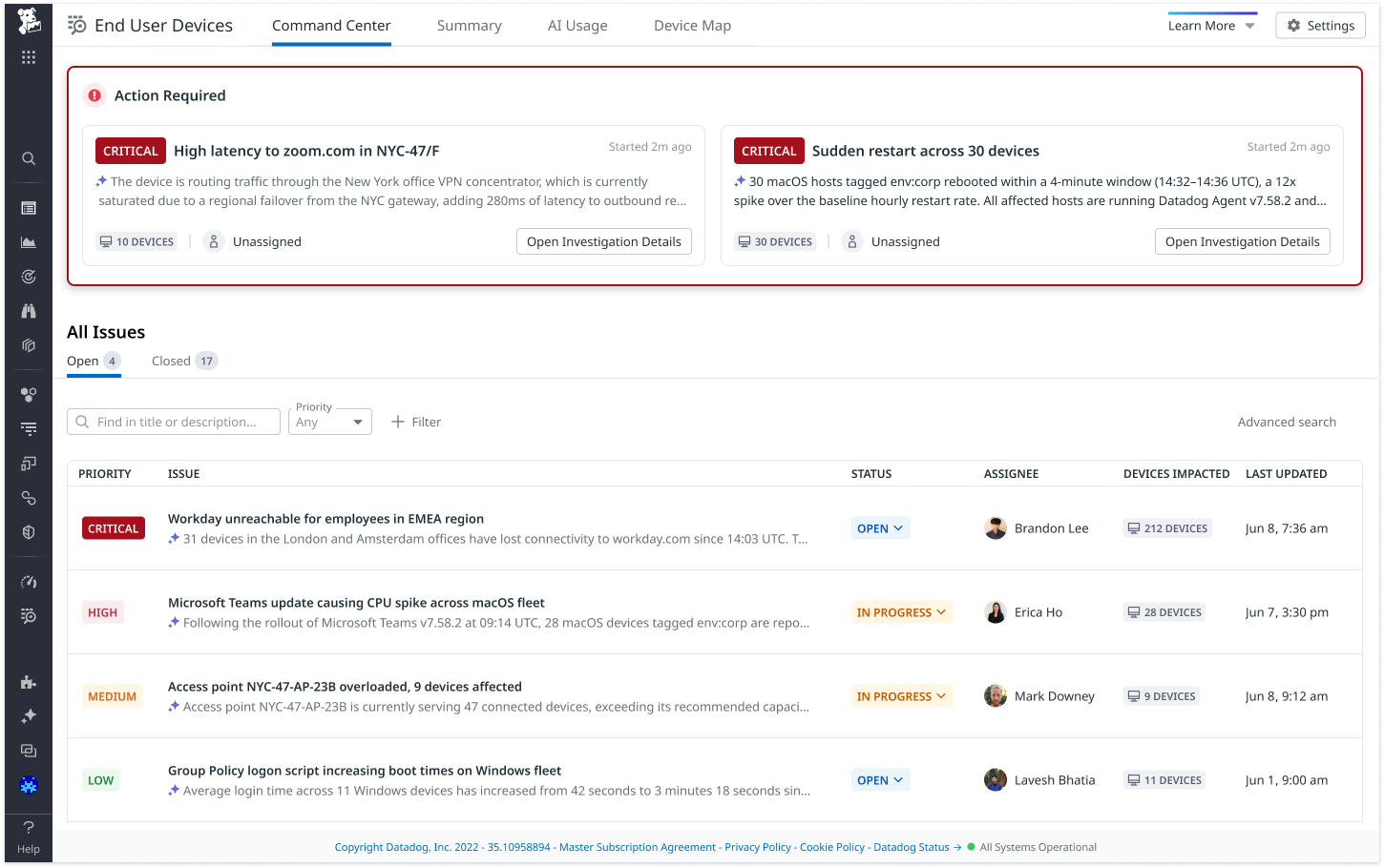 Command Center landing page in End User Device Management showing the feed of issue cards by priority, status, assignee, device impacted, and last updated date.
