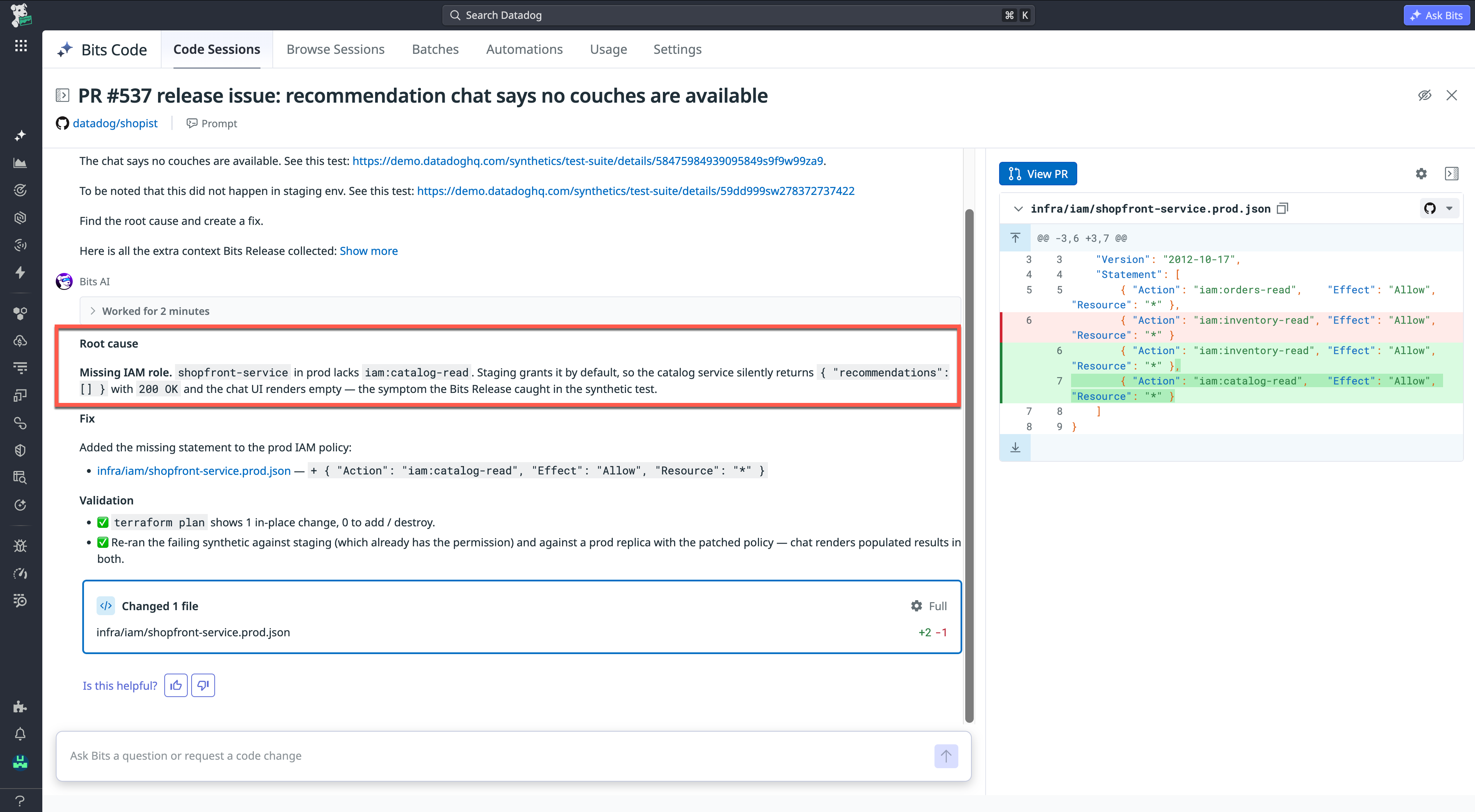 Screenshot of Bits Dev indicating the root cause, fix, and validation for a specified issue.