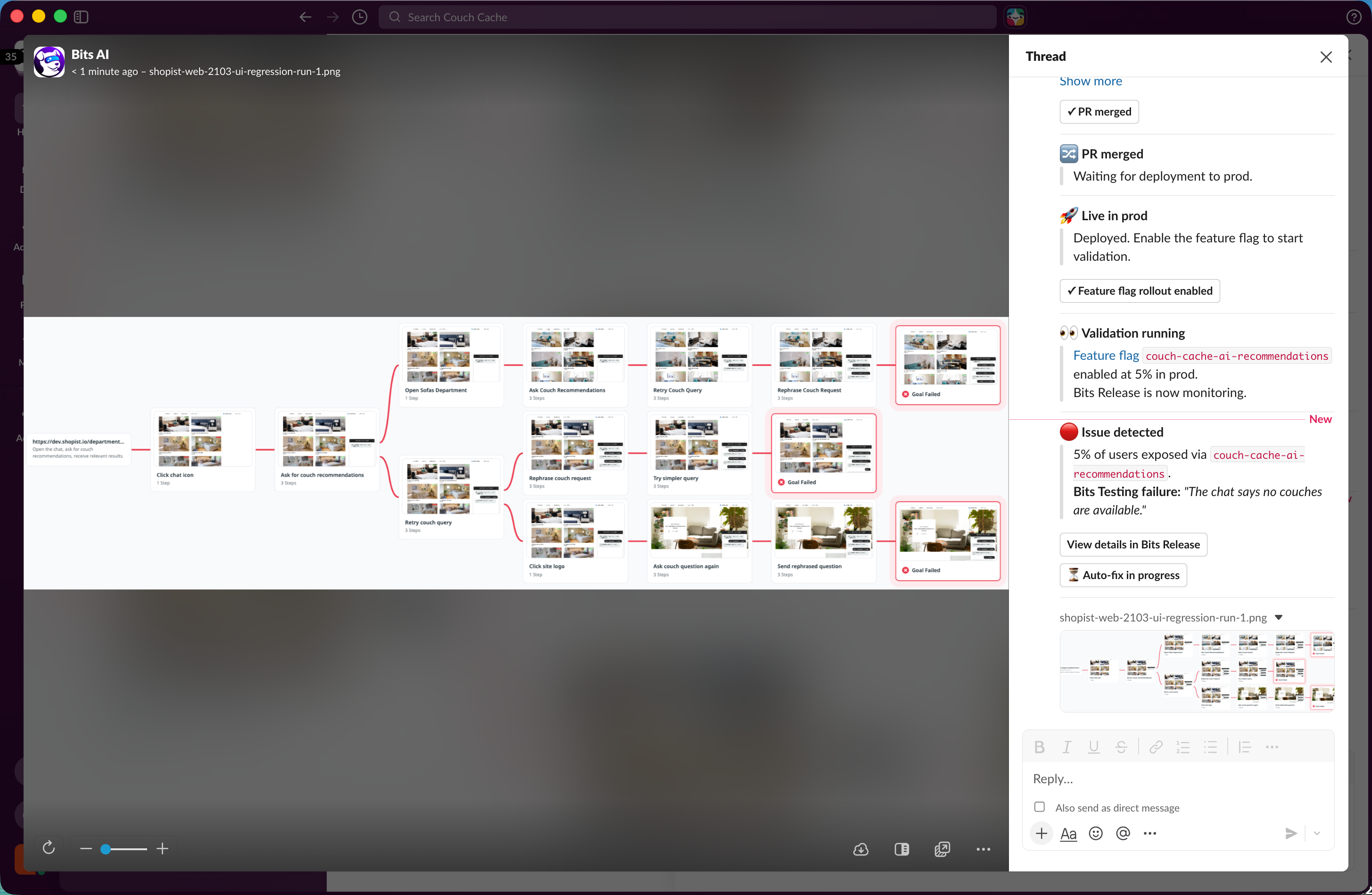 Bits Release posting a message in Slack about a failure in the chatbot widget, together with a screenshot demonstrating the issue.