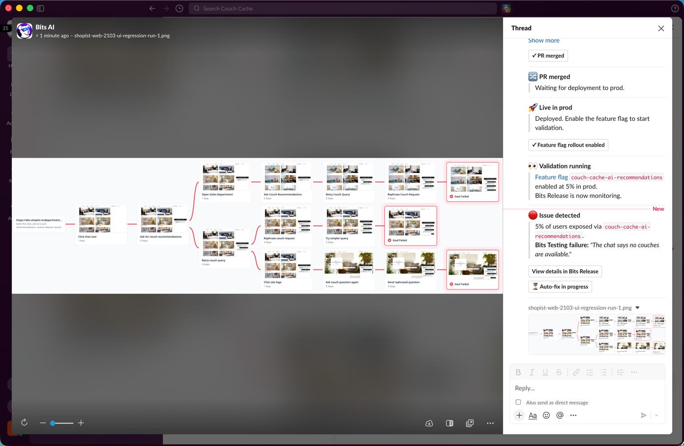 Bits Release posting a message in Slack about a failure in the chatbot widget, together with a screenshot demonstrating the issue. Bits Release posting a message in Slack about a failure in the chatbot widget, together with a screenshot demonstrating the issue.