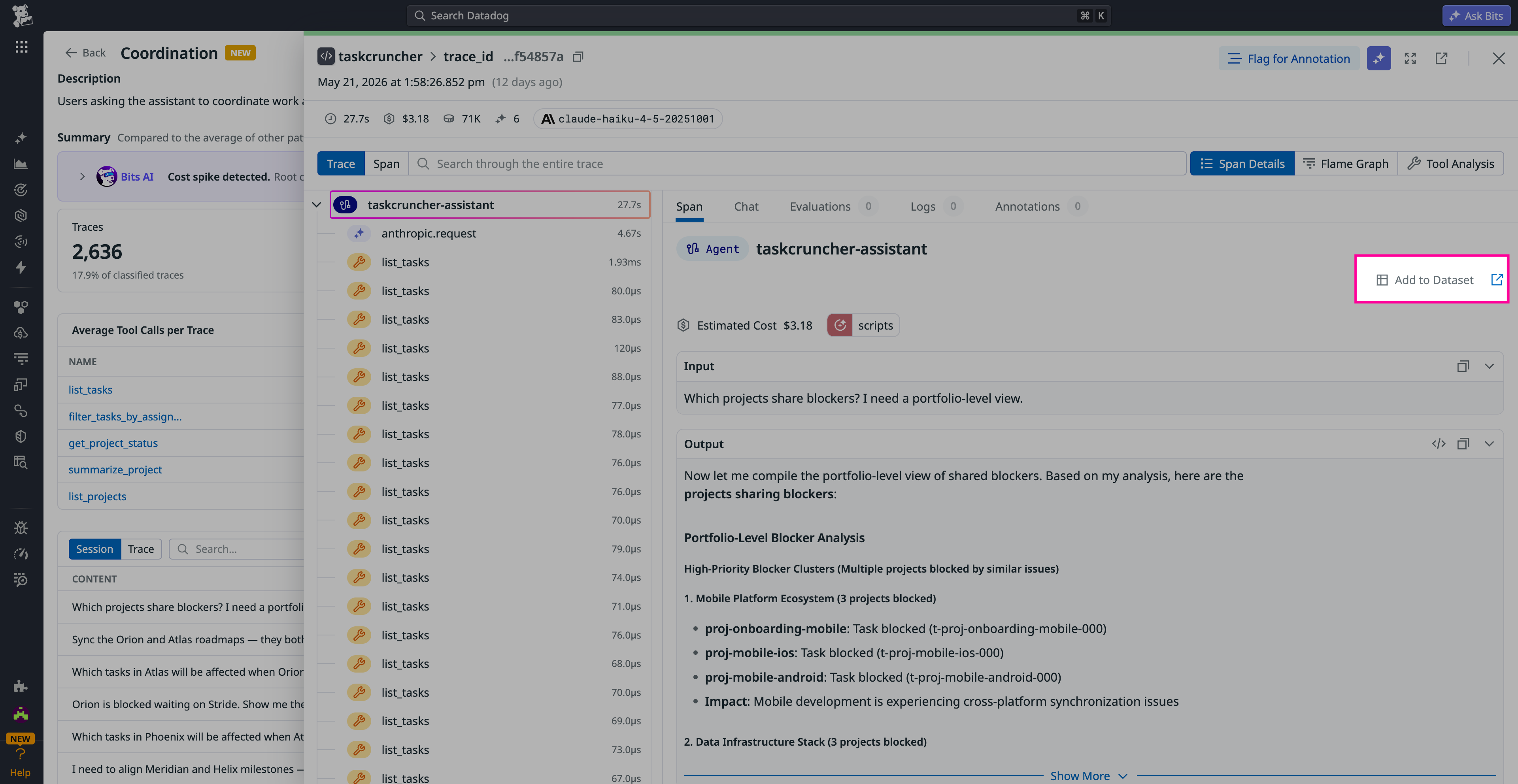Agent Observability workflow that routes traces from a selected pattern into a dataset