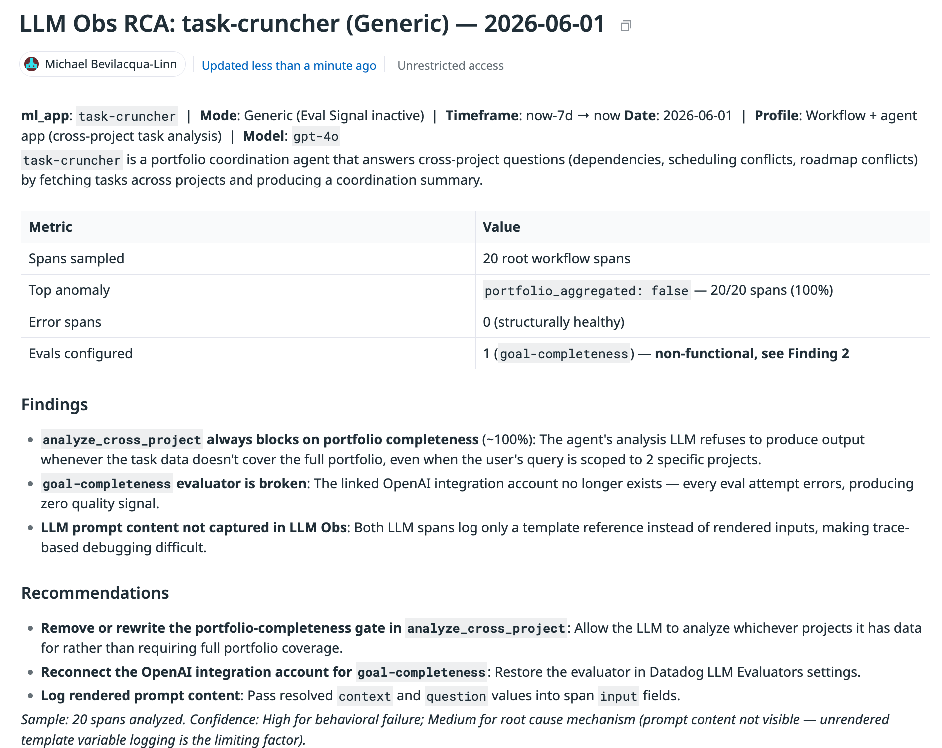 Structured root cause analysis output showing failure categories, supporting evidence, and proposed fixes for an AI agent workflow.