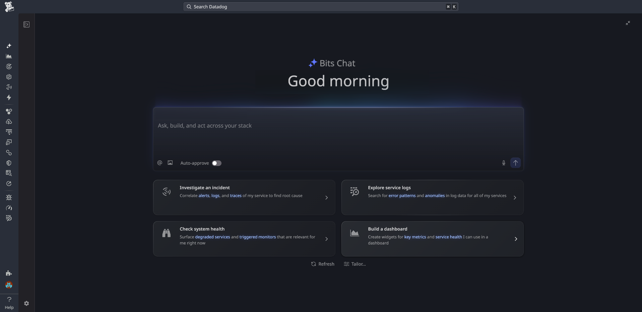 Bits Chat home screen with a natural language prompt input field and four suggested actions: Investigate an incident, Check system health, Explore service logs, and Build a dashboard.