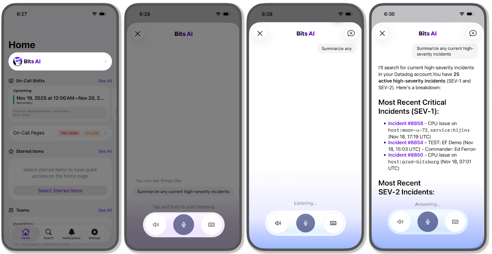 Bits AI in the Datadog mobile app accepting a voice query about active incidents and returning a SEV-1 and SEV-2 breakdown.