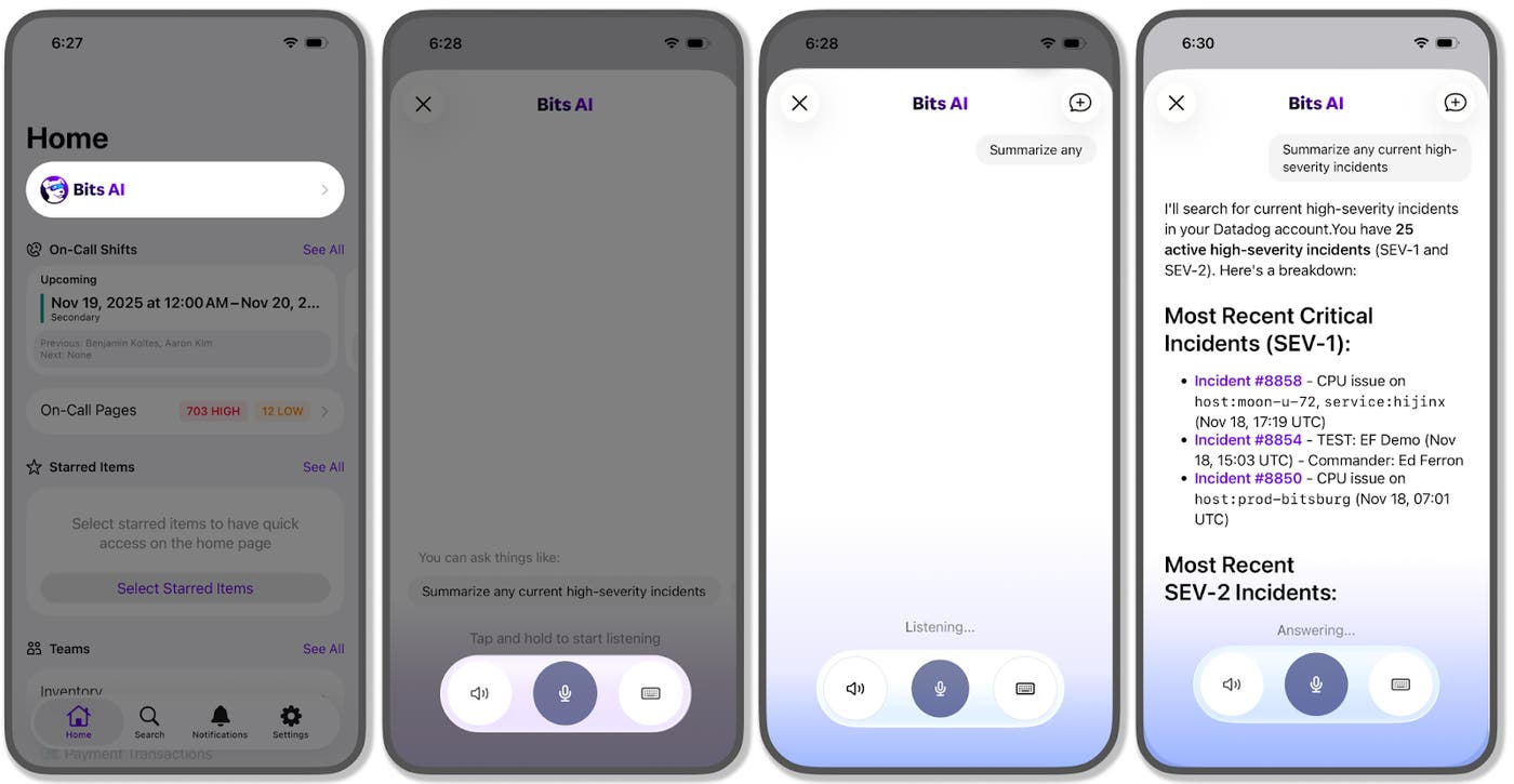 Bits AI in the Datadog mobile app accepting a voice query about active incidents and returning a SEV-1 and SEV-2 breakdown. Bits AI in the Datadog mobile app accepting a voice query about active incidents and returning a SEV-1 and SEV-2 breakdown.