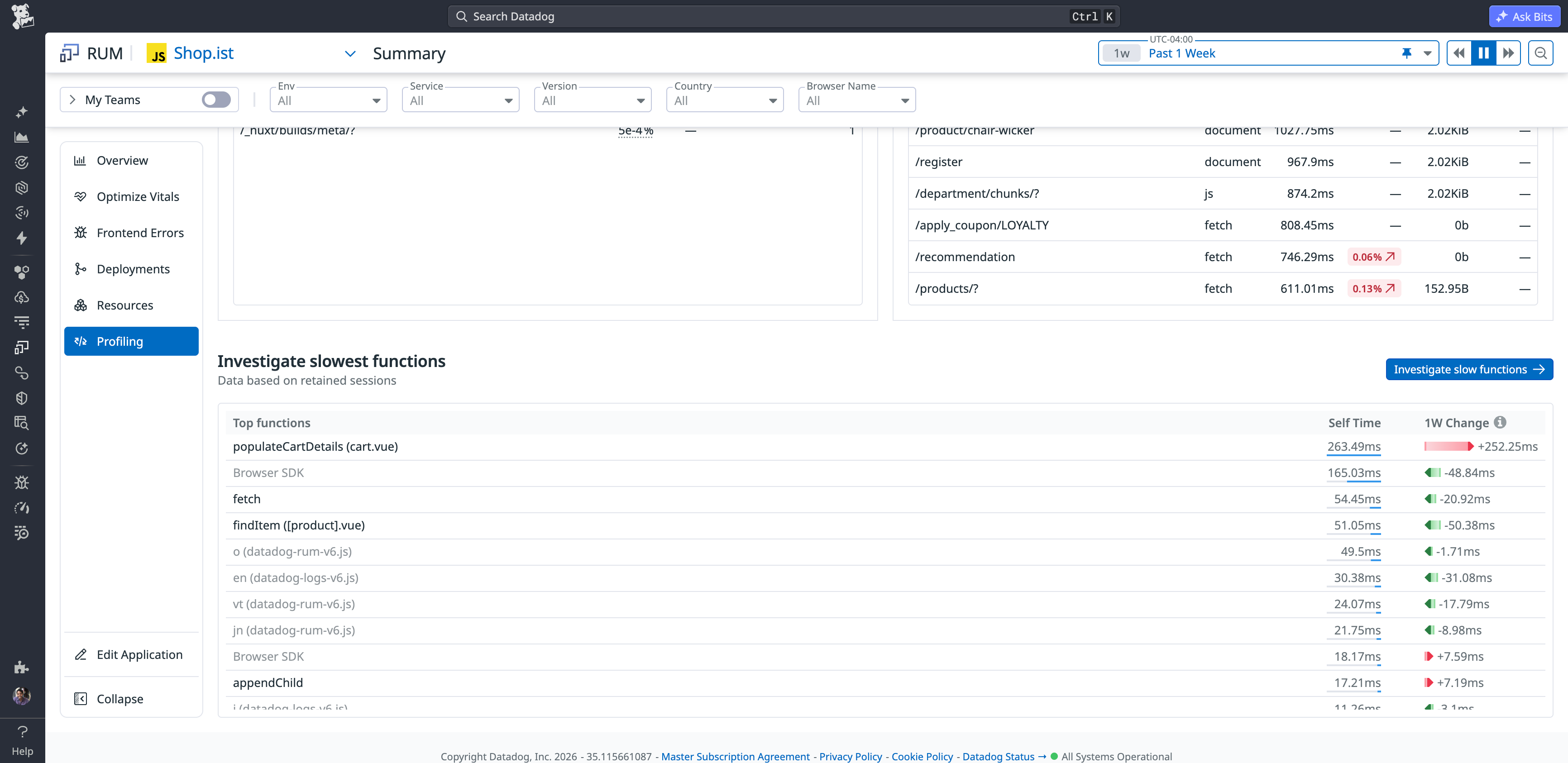 Summary page displaying frontend performance metrics and top CPU-consuming JavaScript functions.