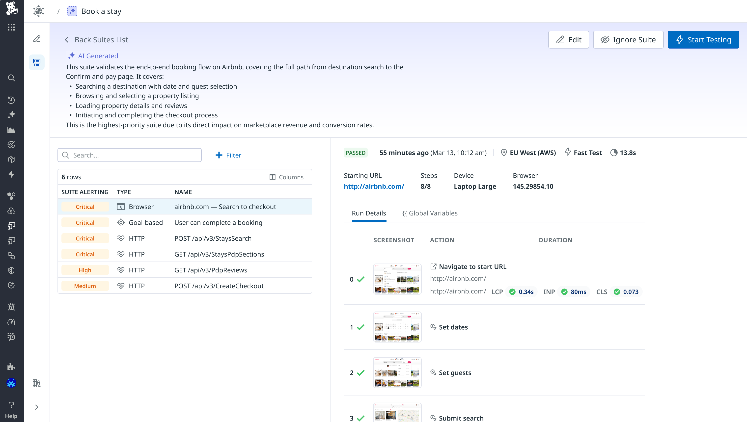 Datadog interface showing a test suite generated by Bits Testing, listing goal-based, browser, and HTTP tests alongside run details.