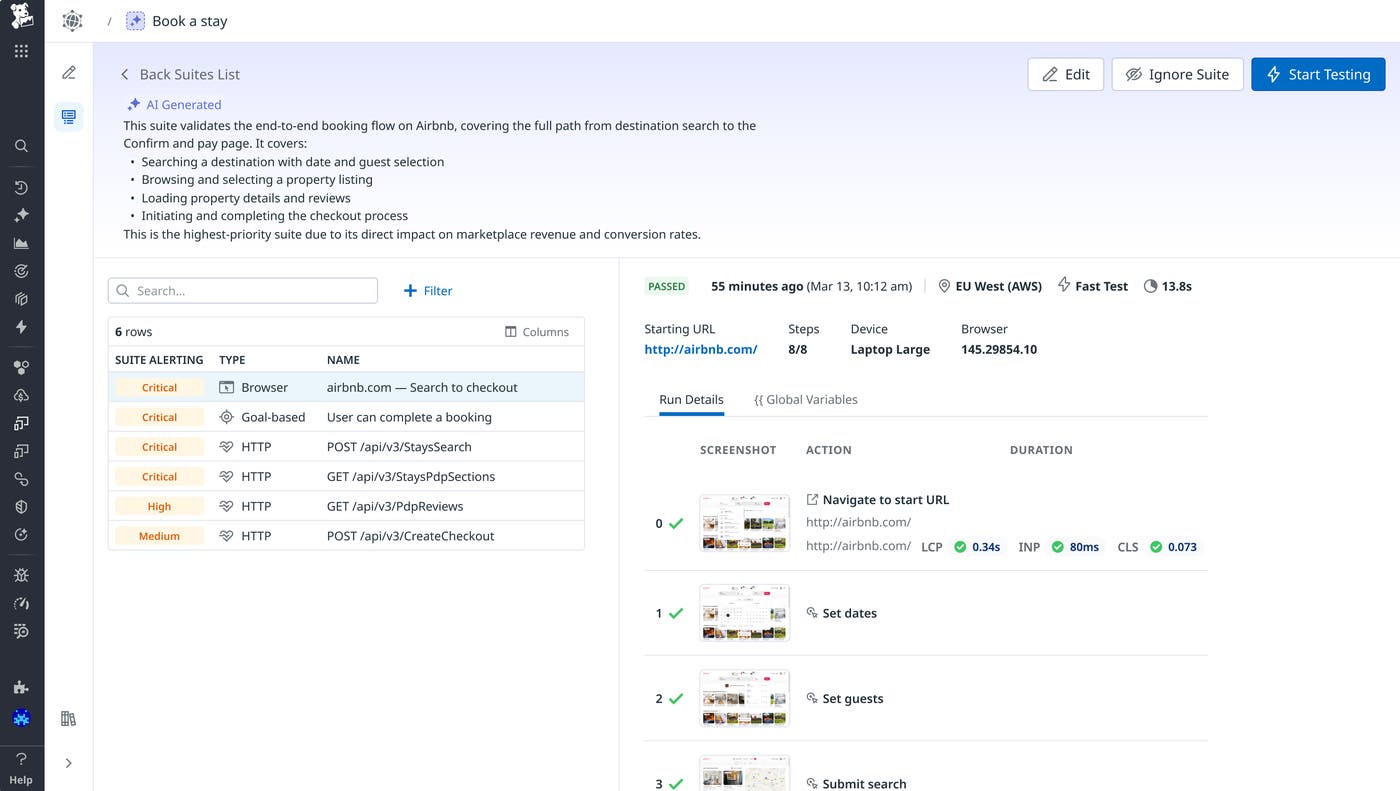 Datadog interface showing a test suite generated by Bits Testing, listing goal-based, browser, and HTTP tests alongside run details. Datadog interface showing a test suite generated by Bits Testing, listing goal-based, browser, and HTTP tests alongside run details.