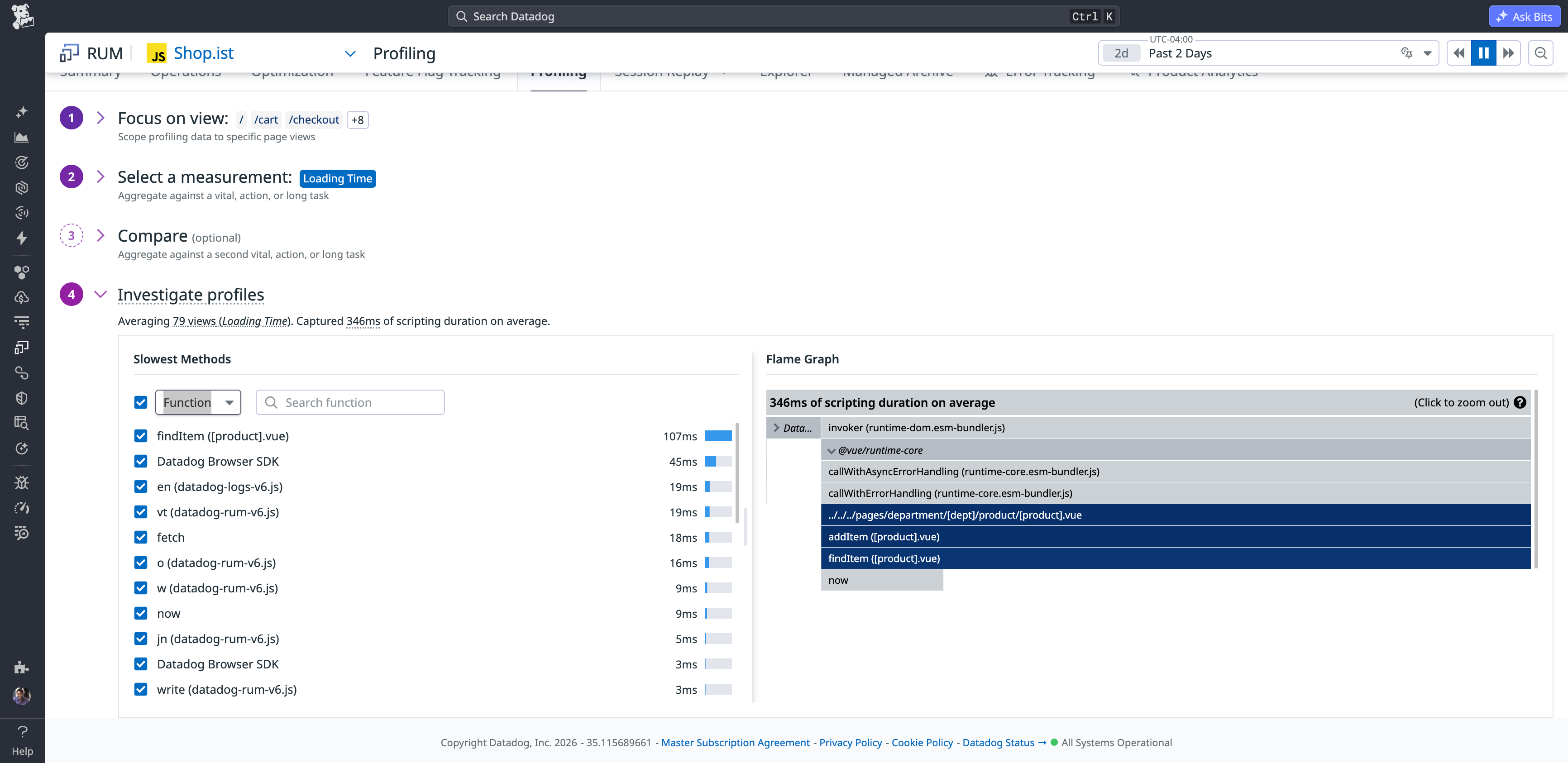 Profiling Explorer showing aggregated frontend profiling data grouped by JavaScript functions and filtered by Core Web Vitals.