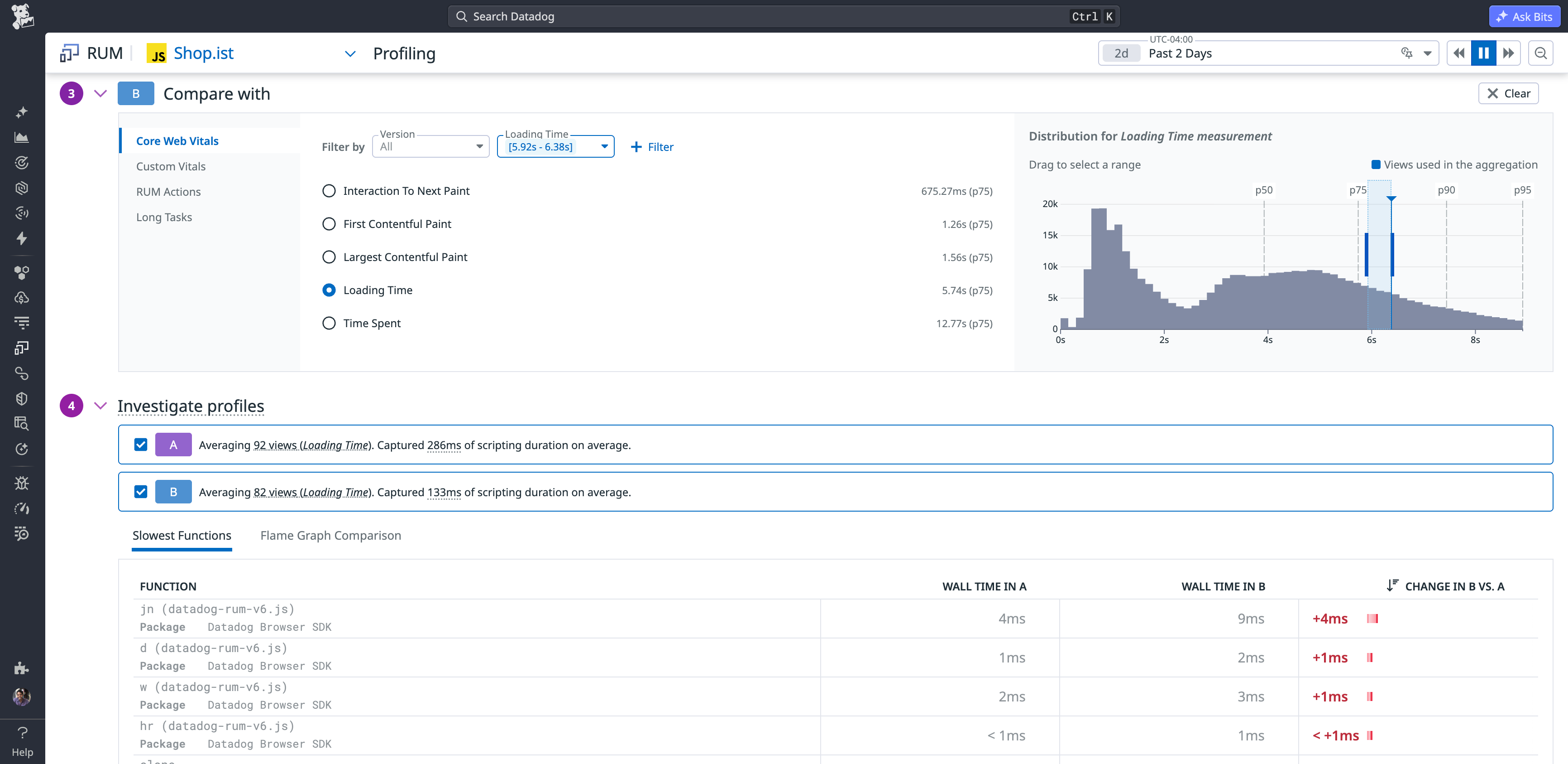 Compare view showing side-by-side profiling snapshots and function-level wall time differences between application versions.