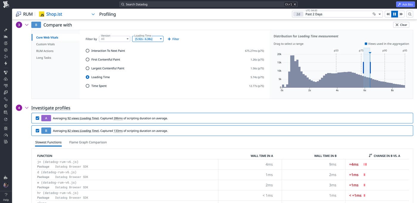 Compare view showing side-by-side profiling snapshots and function-level wall time differences between application versions. Compare view showing side-by-side profiling snapshots and function-level wall time differences between application versions.