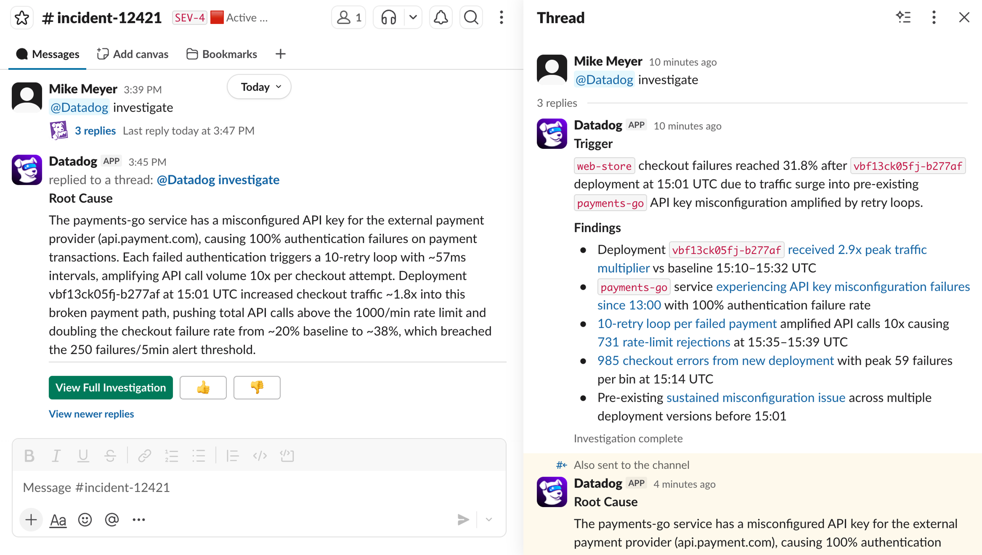 Triggering a Bits AI investigation from the incident’s Slack channel.