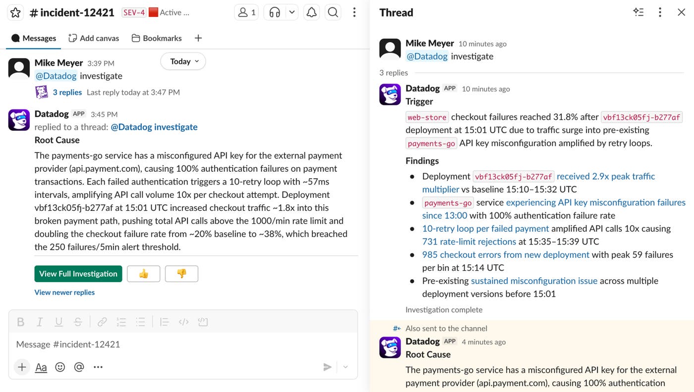 Triggering a Bits AI investigation from the incident’s Slack channel. Triggering a Bits AI investigation from the incident’s Slack channel.