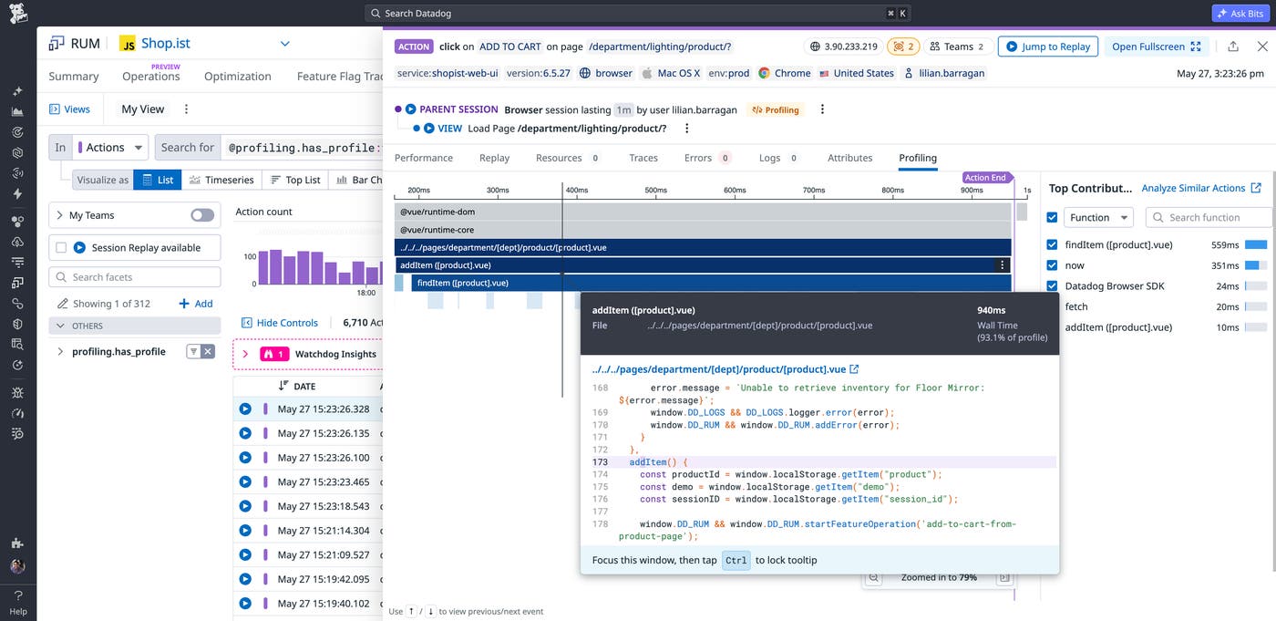 RUM Session Explorer filtered to profiled sessions, showing a flame chart and code-level details for an Add to Cart action with top contributing JavaScript functions. RUM Session Explorer filtered to profiled sessions, showing a flame chart and code-level details for an Add to Cart action with top contributing JavaScript functions.