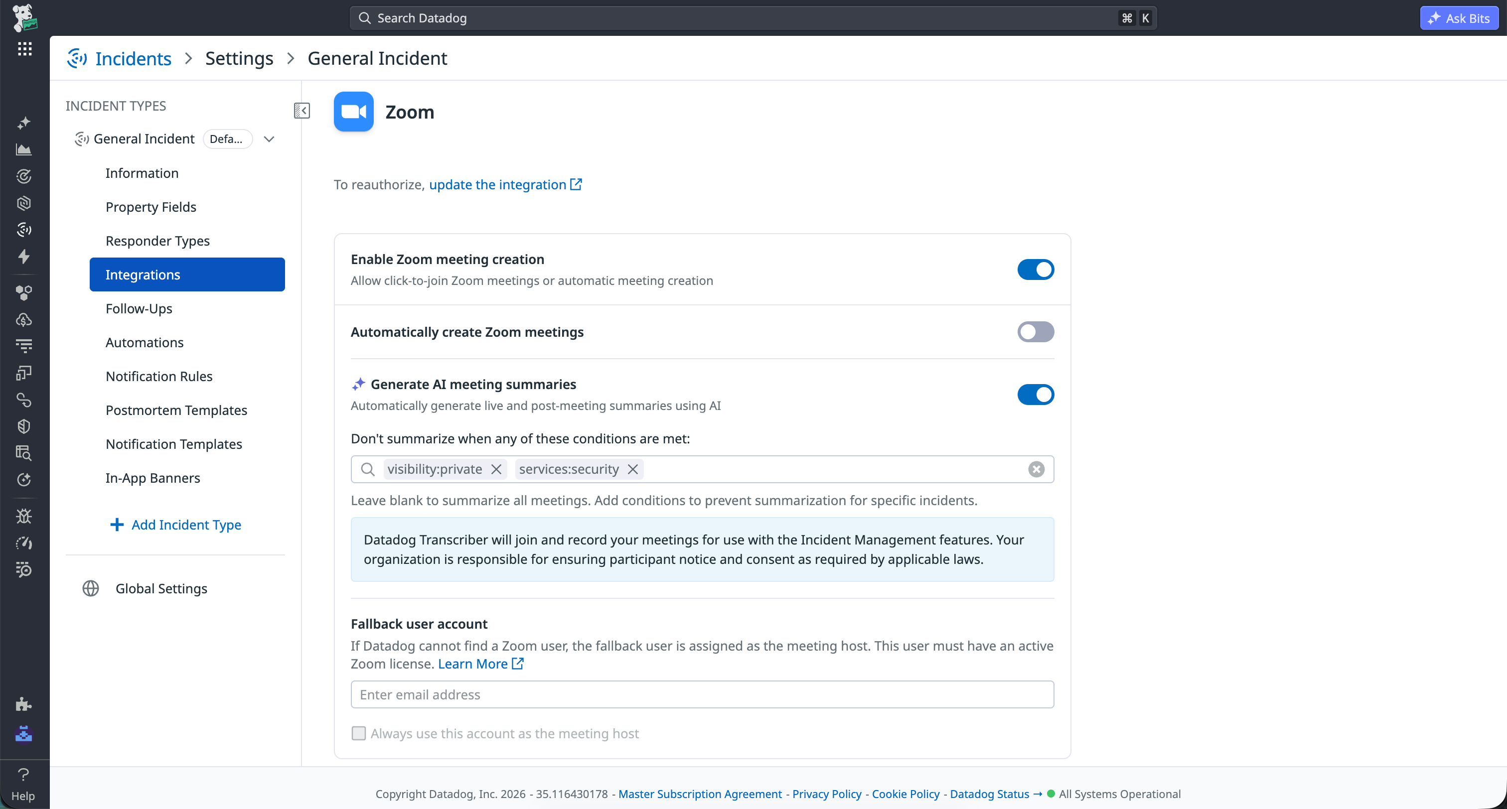 Example configuration of AI-generated meeting summaries for Zoom.