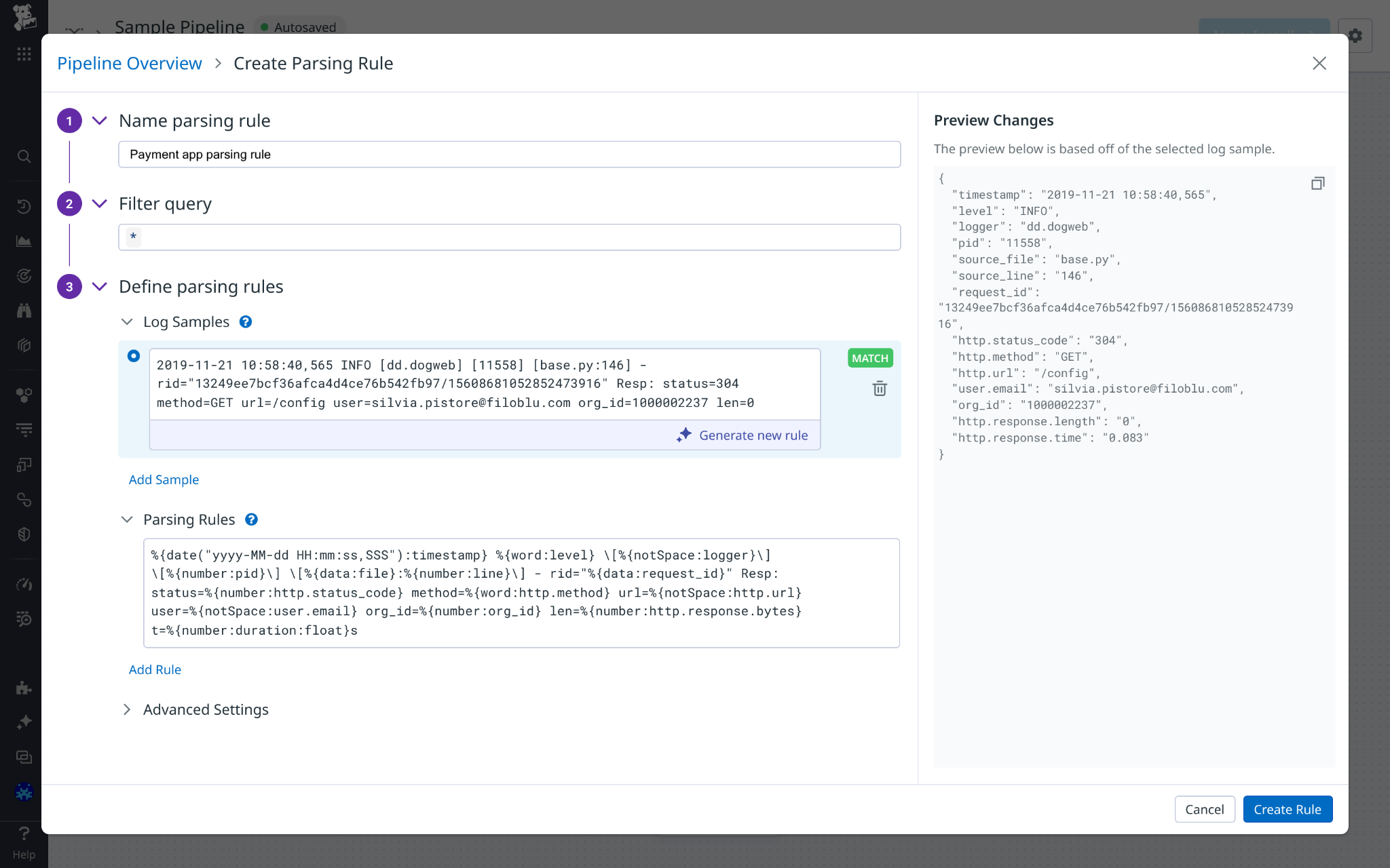 A view showing the AI-assisted generation of Grok parsing rules.