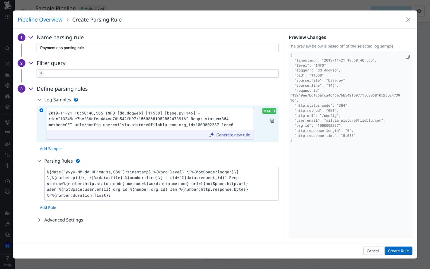 A view showing the AI-assisted generation of Grok parsing rules. A view showing the AI-assisted generation of Grok parsing rules.