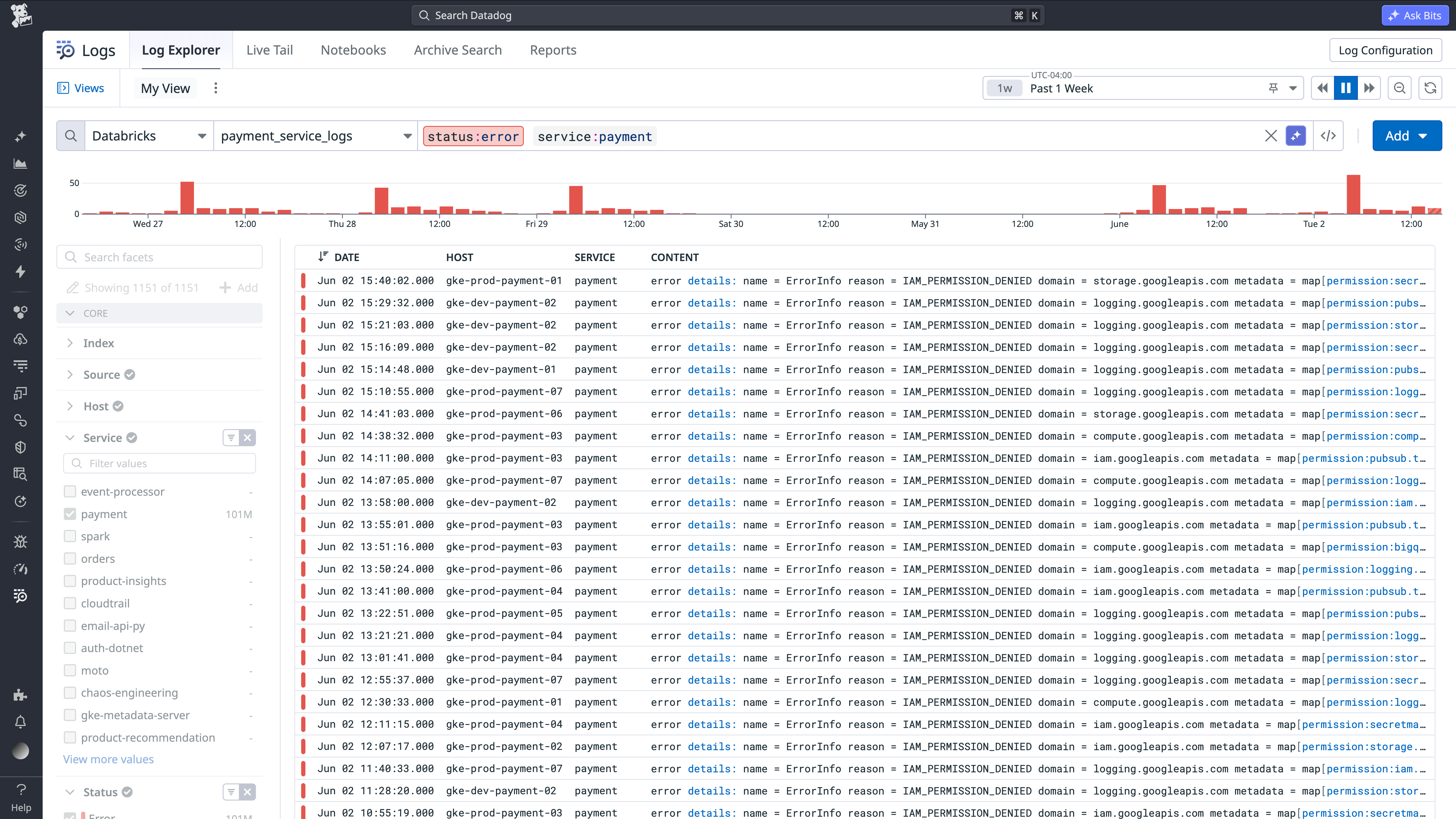 A federated query against a Databricks table, using the same facet syntax used for Datadog-indexed logs.