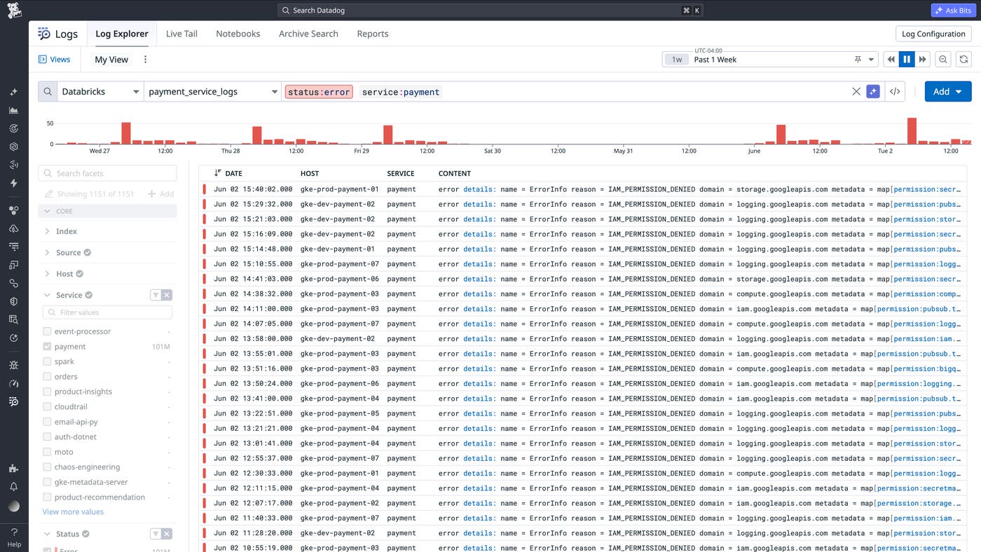 A federated query against a Databricks table, using the same facet syntax used for Datadog-indexed logs. A federated query against a Databricks table, using the same facet syntax used for Datadog-indexed logs.